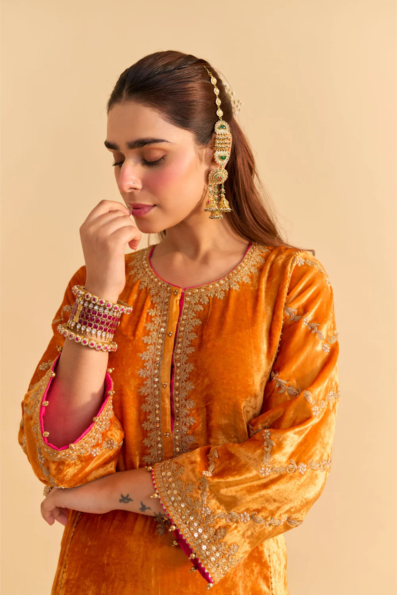 Azmiya - Silk Velvet Orange Chauga with Salwar