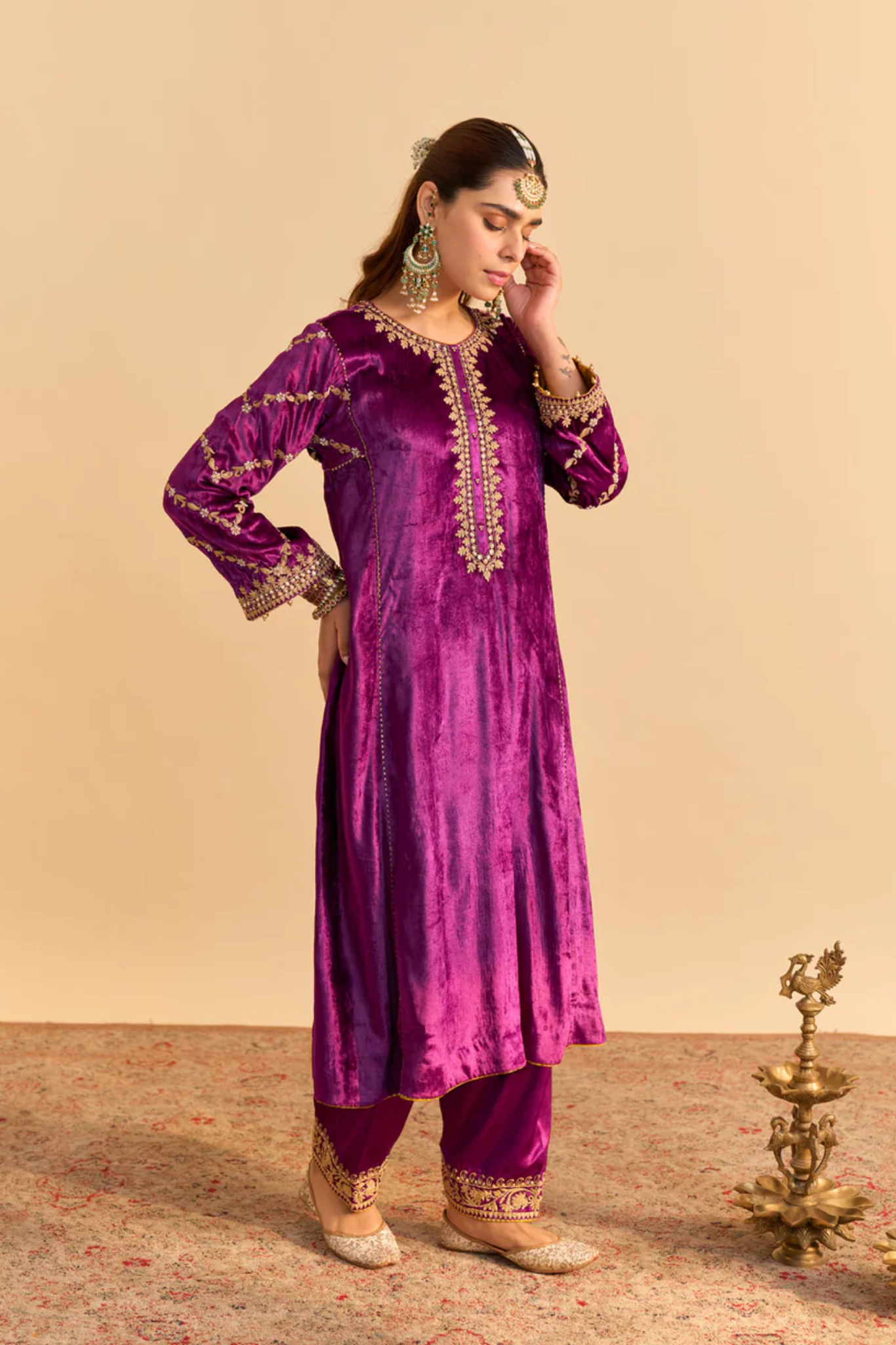 Azmiya - Silk Velvet Deep Purple Chauga With Salwar