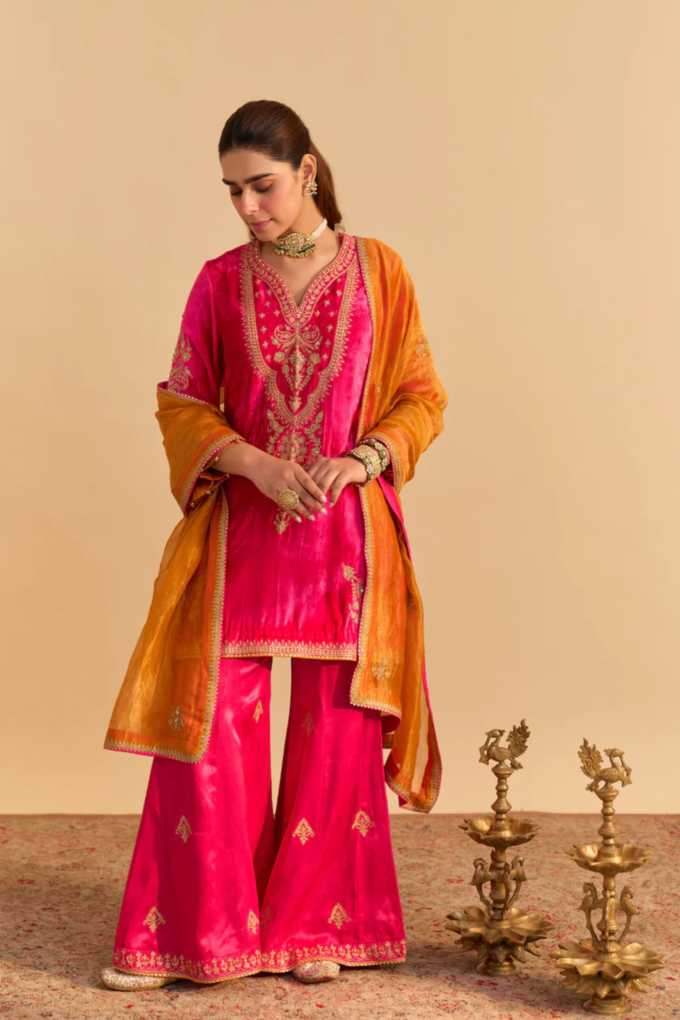 Nooren - Silk Velvet Hotpink Kurta With Flared Palazzo And Dupatta
