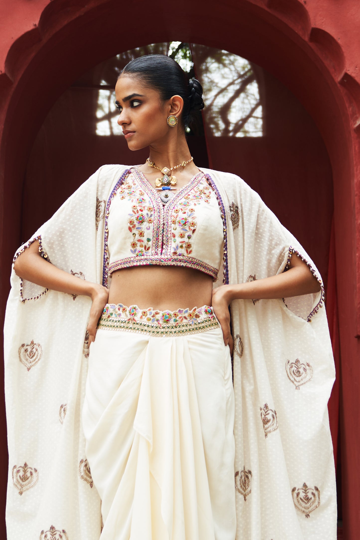 Ivory Embroidered Cape Set