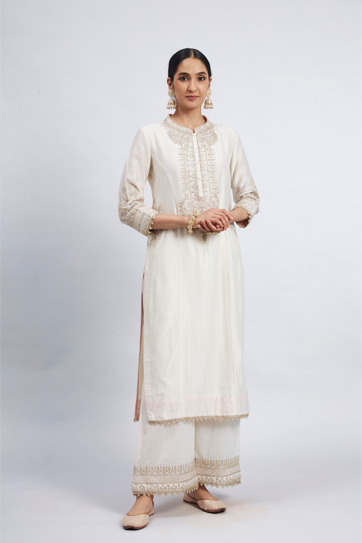 Aadah Princess Cut Long Kurta Set - Daisy Ivory