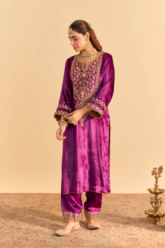 Fareeha - Silk Velvet Deep Purple Kurta With Salwar