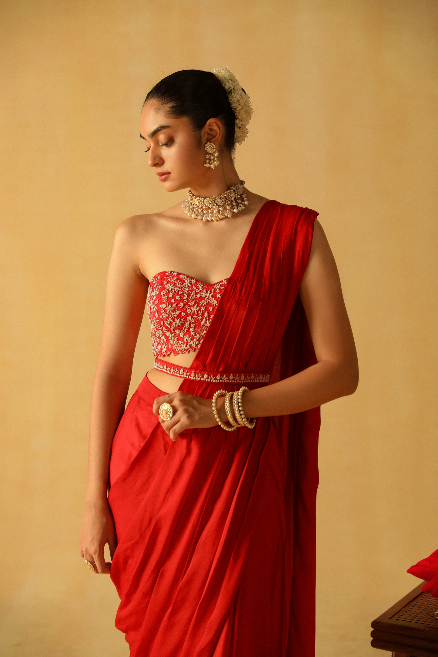 Rumaan Draped Saree - Deep Red