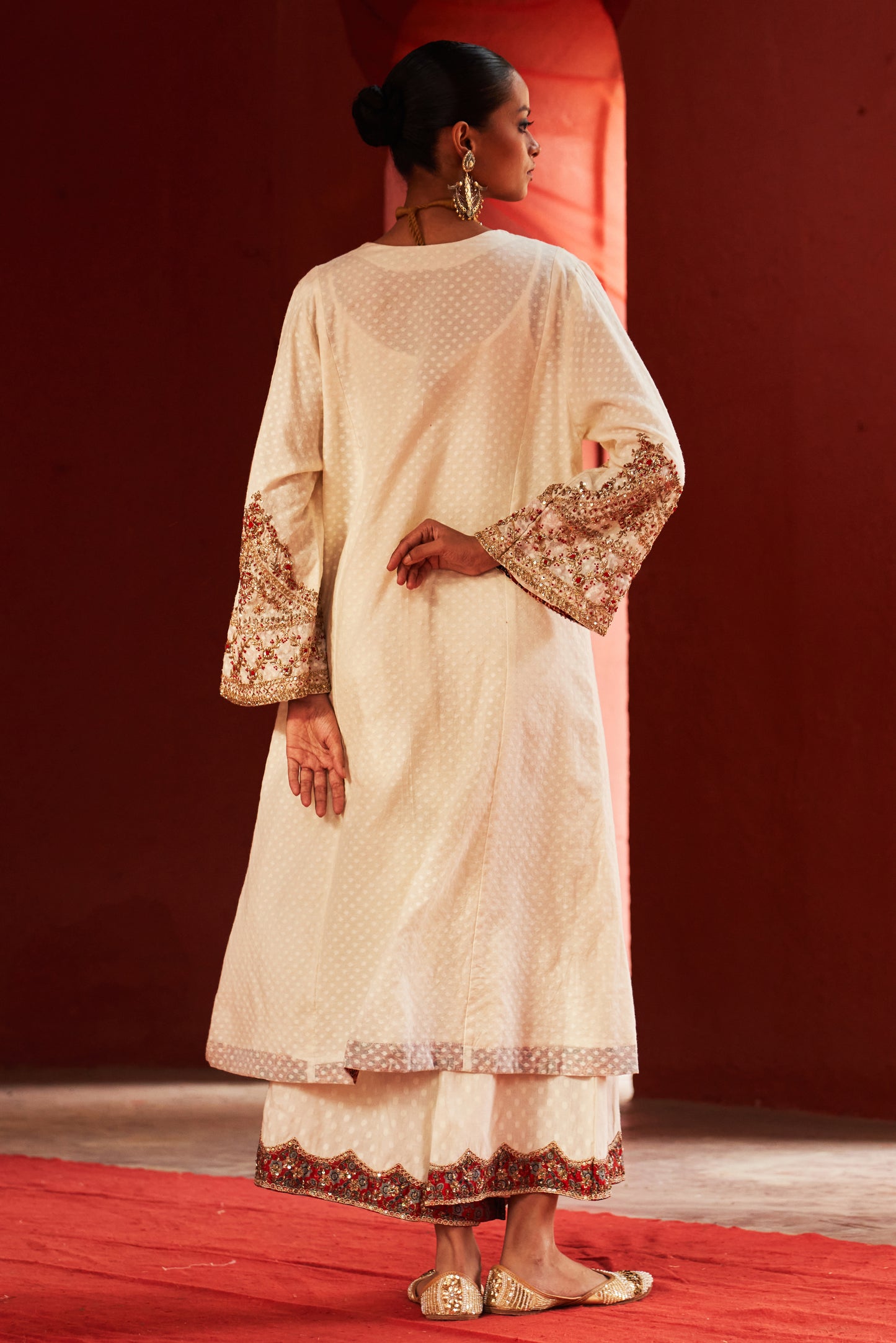 Ivory Long Anarkali with Pleated Pants