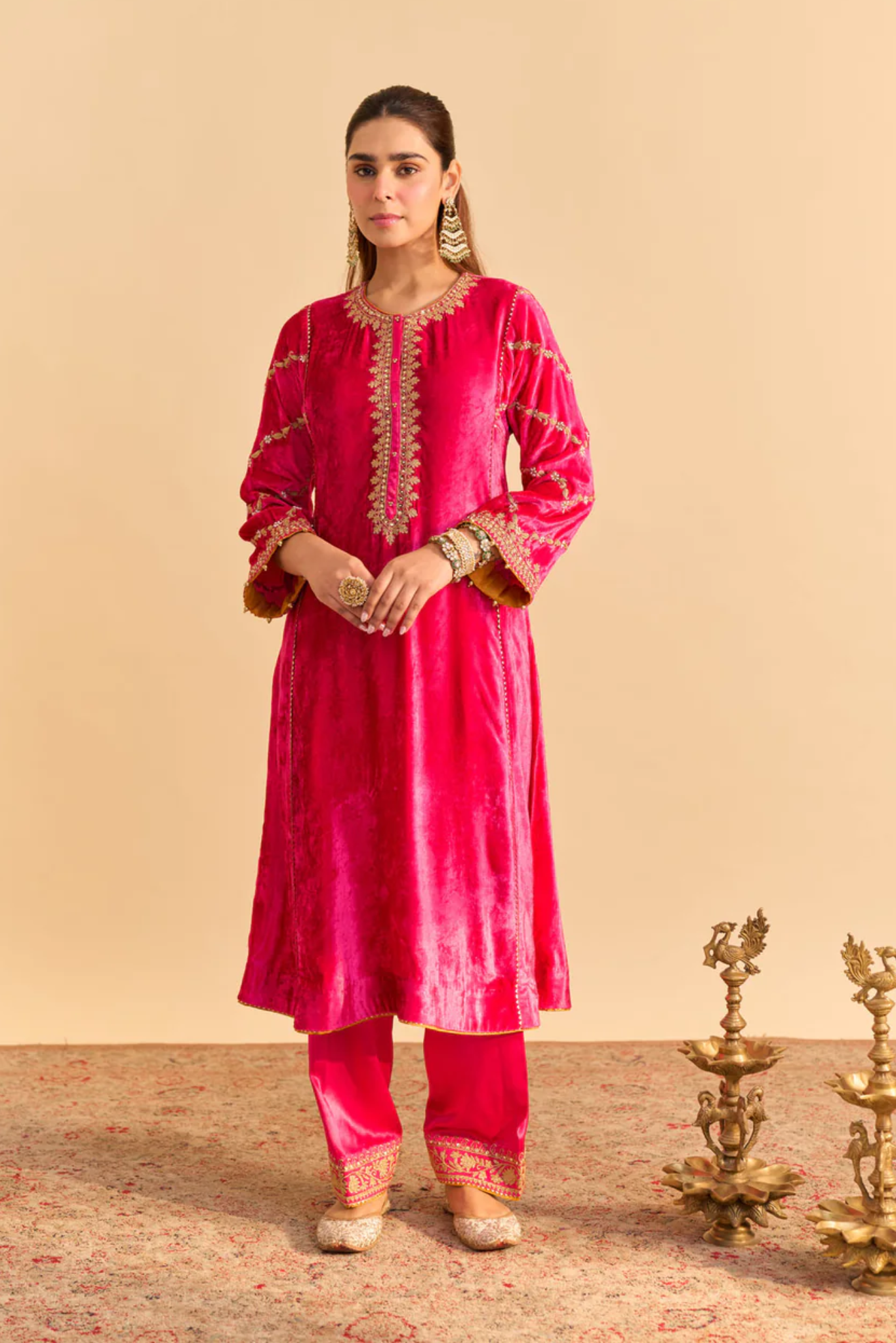 Azmiya - Silk Velvet Hotpink Chauga With Salwar