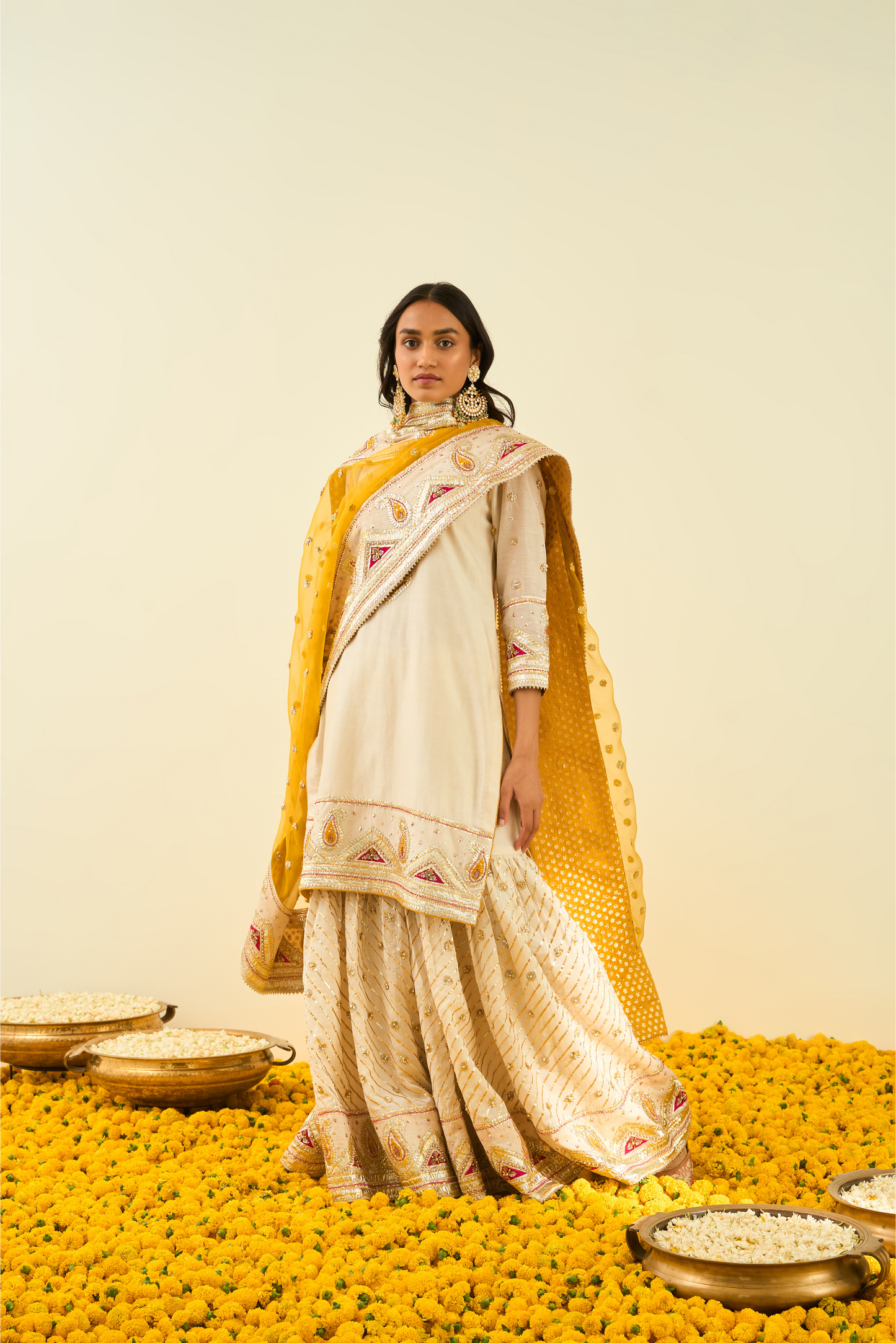 Shafna Kurta with Garara and Dupatta - Daisy Ivory