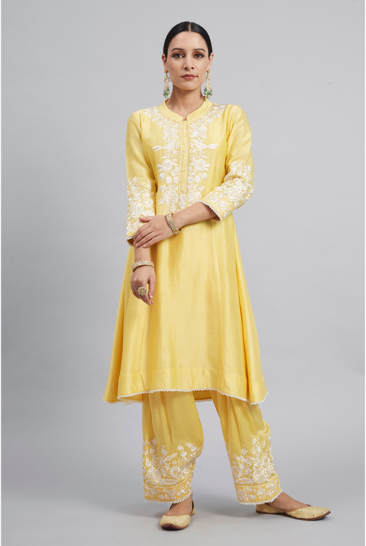 Kaina Pure Chanderi Silk Parsi Gara Embroidered Ensemble - Daffodil Yellow