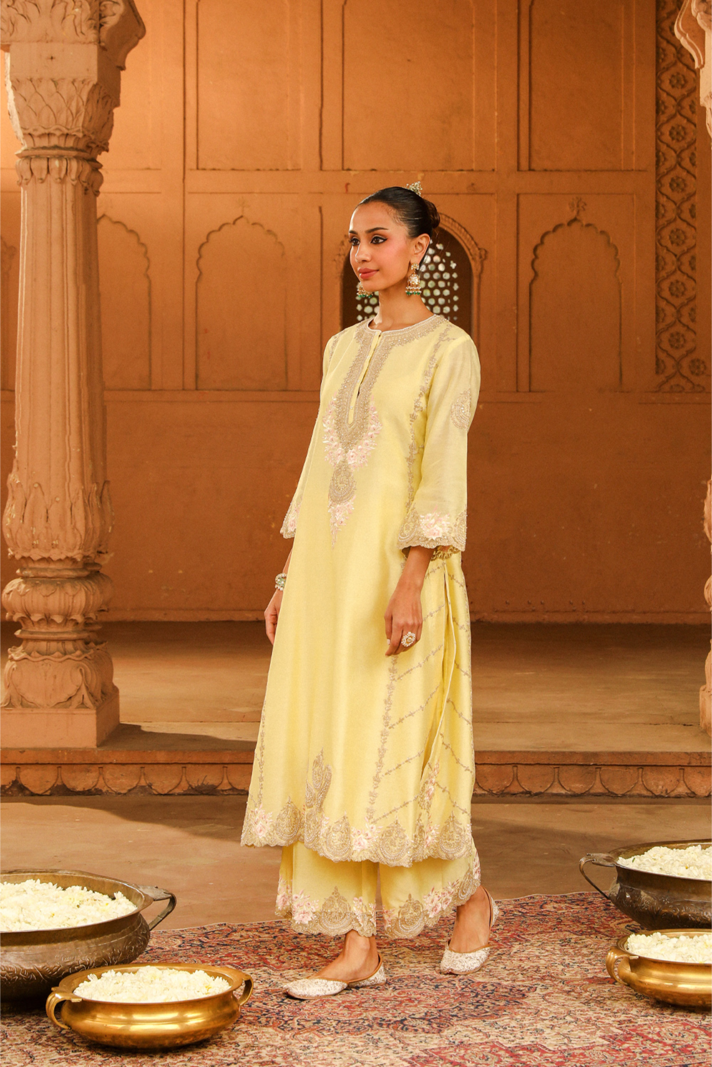 Yusra A-line palazzo suit with dupatta - Lemon Yellow