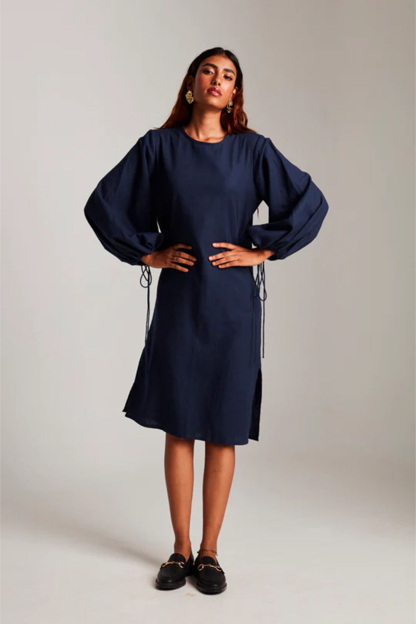 Navy Co-Linen Balloon Sleeves Dress