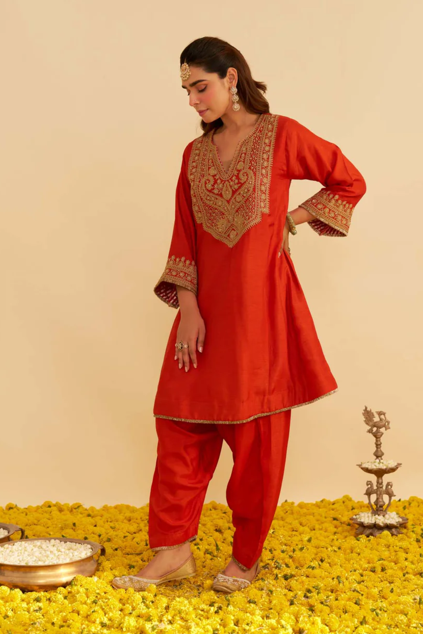Mehza - Burnt Orange Short Chauga With Salwar and Dupatta