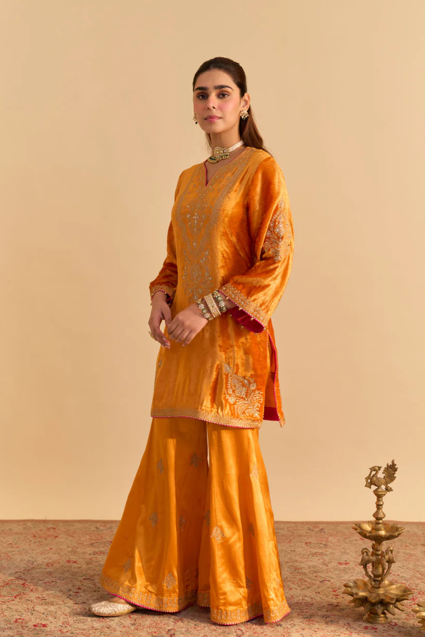 Nooren - Silk Velvet Orange Kurta With Flared Palazzo And Dupatta