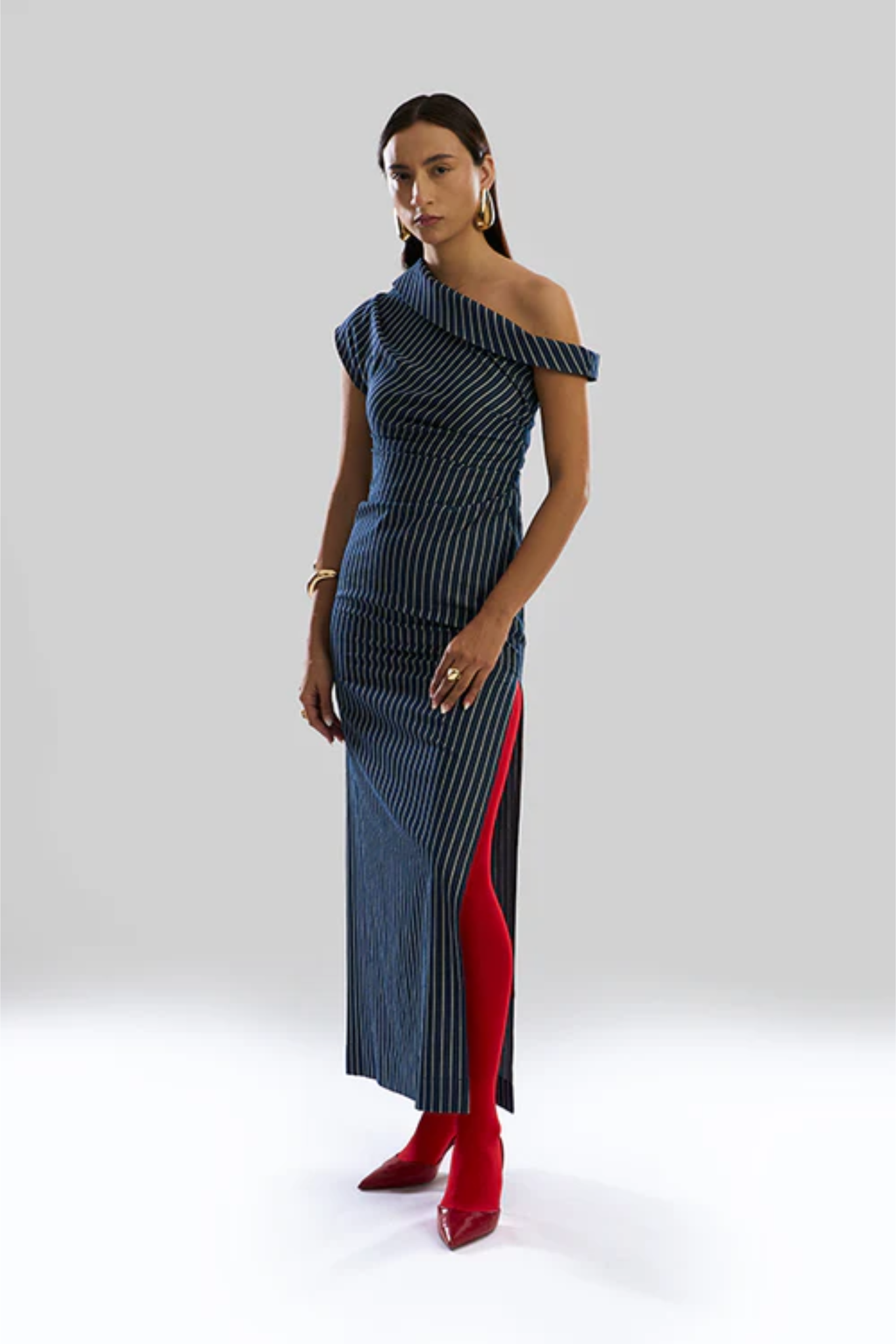 Linear Shift one shoulder Denim Dress