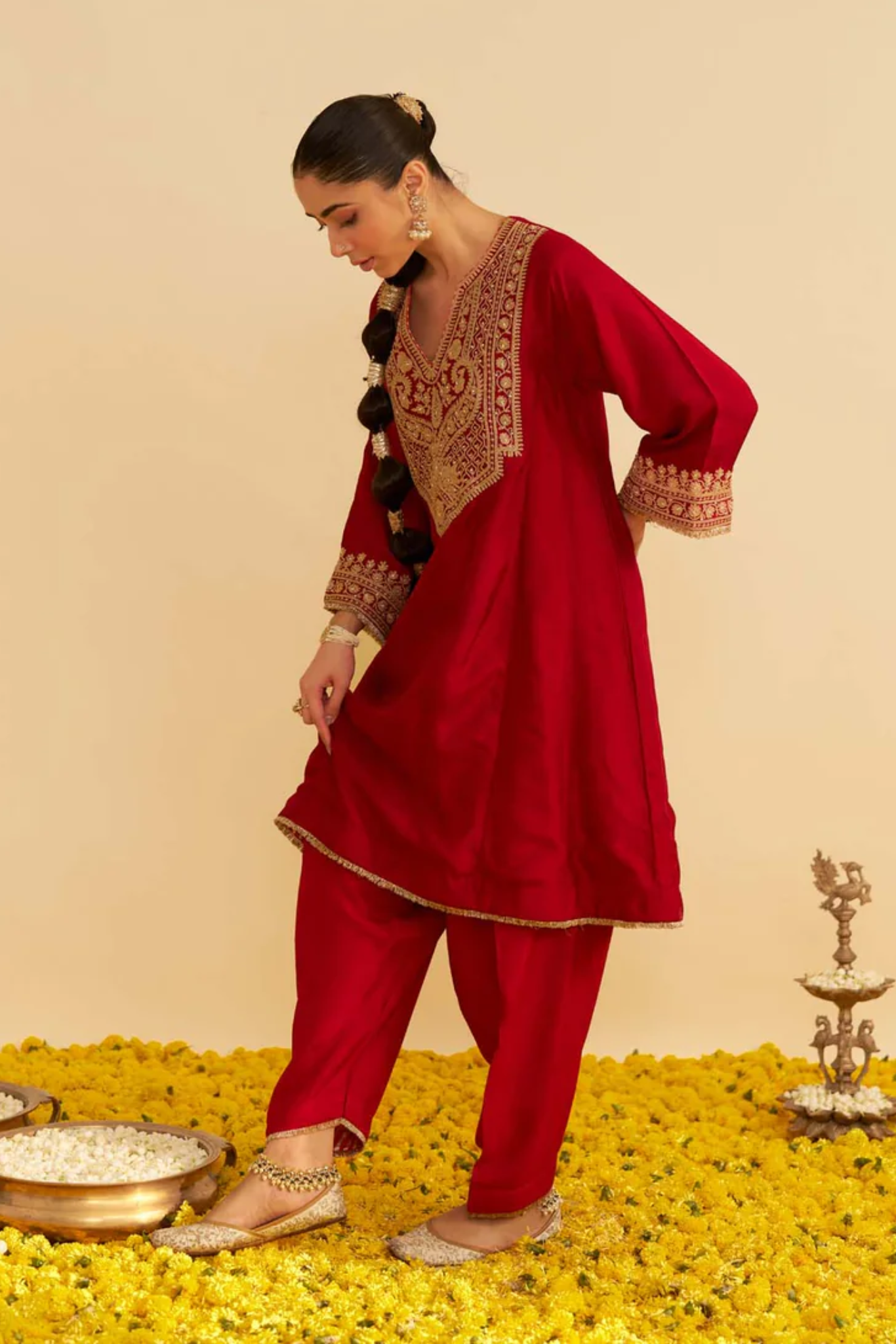 Mehza - Deep Red Short Chauga With Salwar