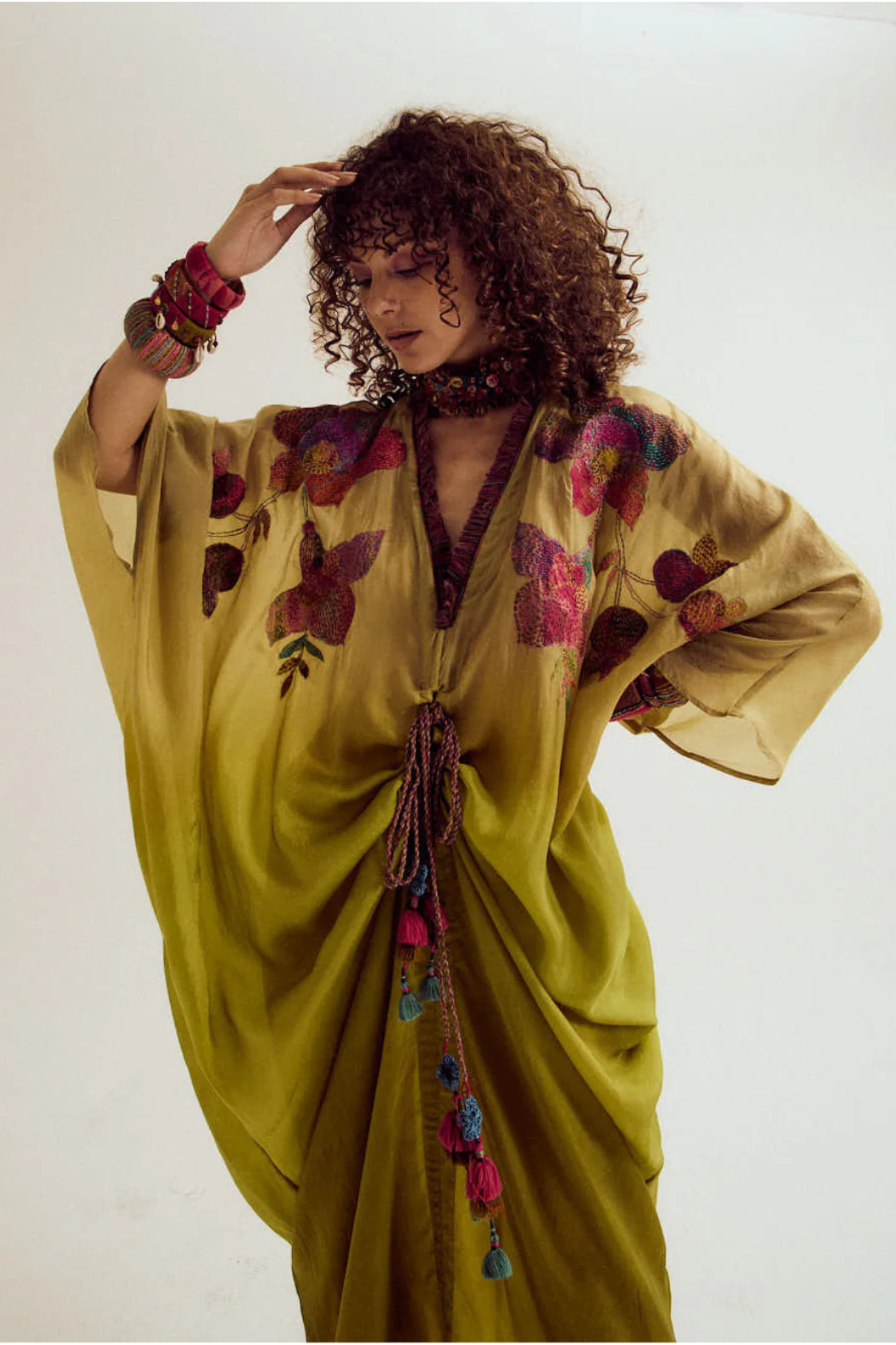 Cherry blossom kaftan - Ecru/olive