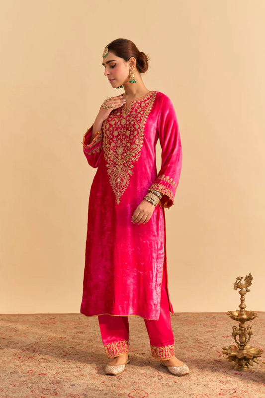 Fareeha - Silk Velvet Hotpink Kurta With Salwar