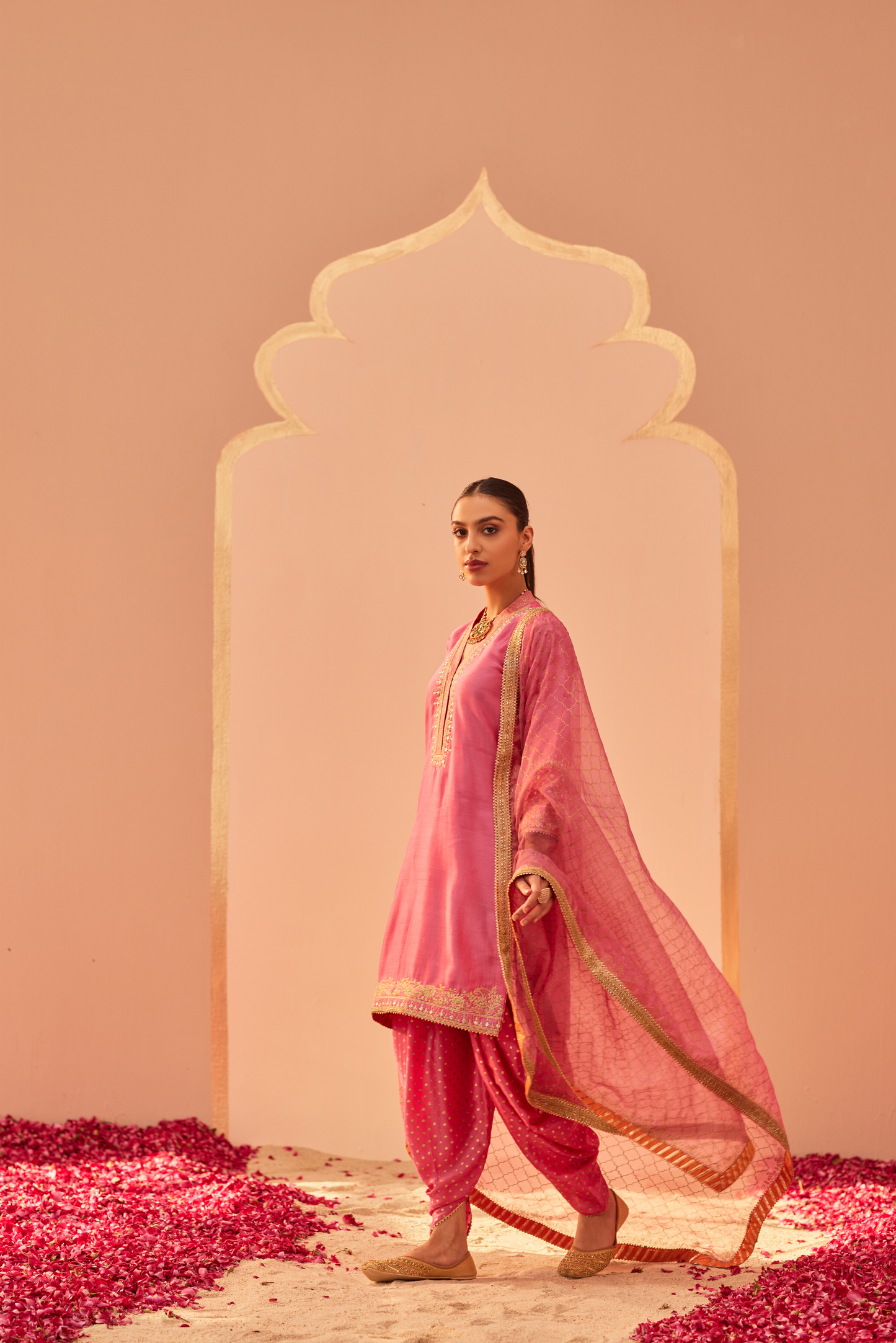 Faheeda Short Kurta with Dhoti Set - Flamingo Pink