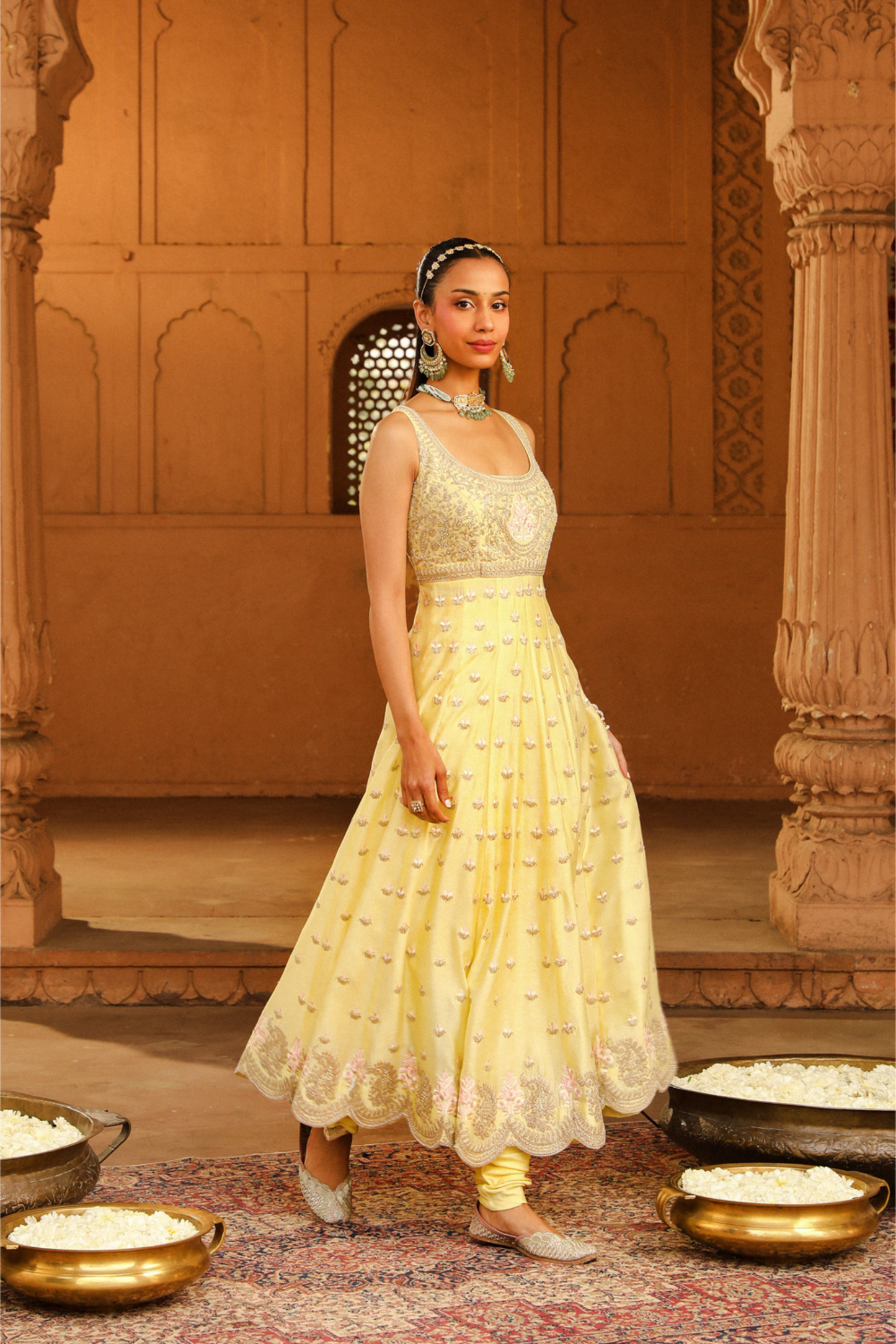 Wafiya Long Anarkali with chooridaar and dupatta - Lemon Yellow