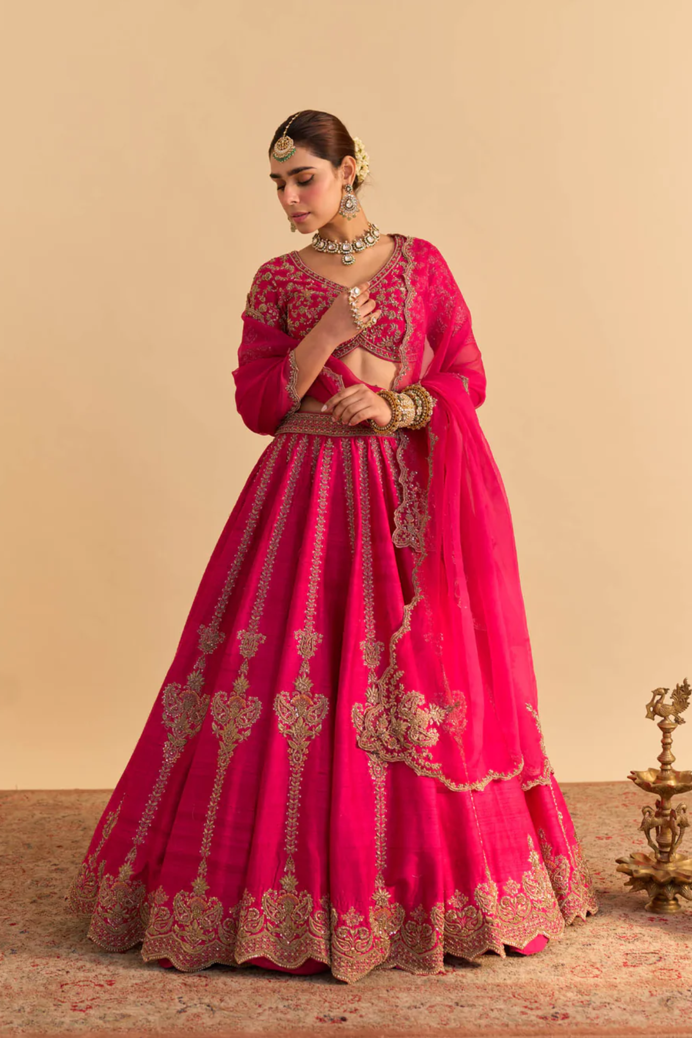 Naazila - Dabka Zardozi Embroidered Raw Silk Hotpink Lehenga Set