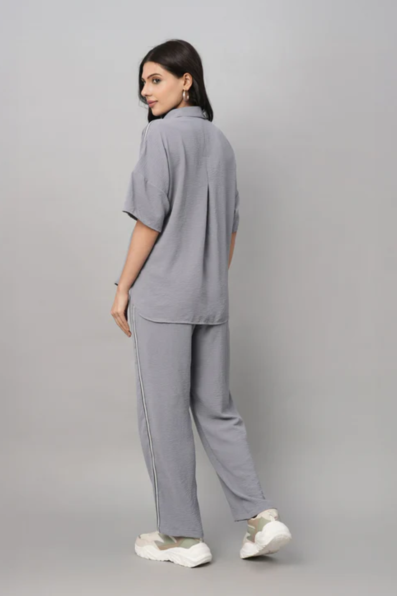 Grey Tie Up Top with Loose Pants Cord Set