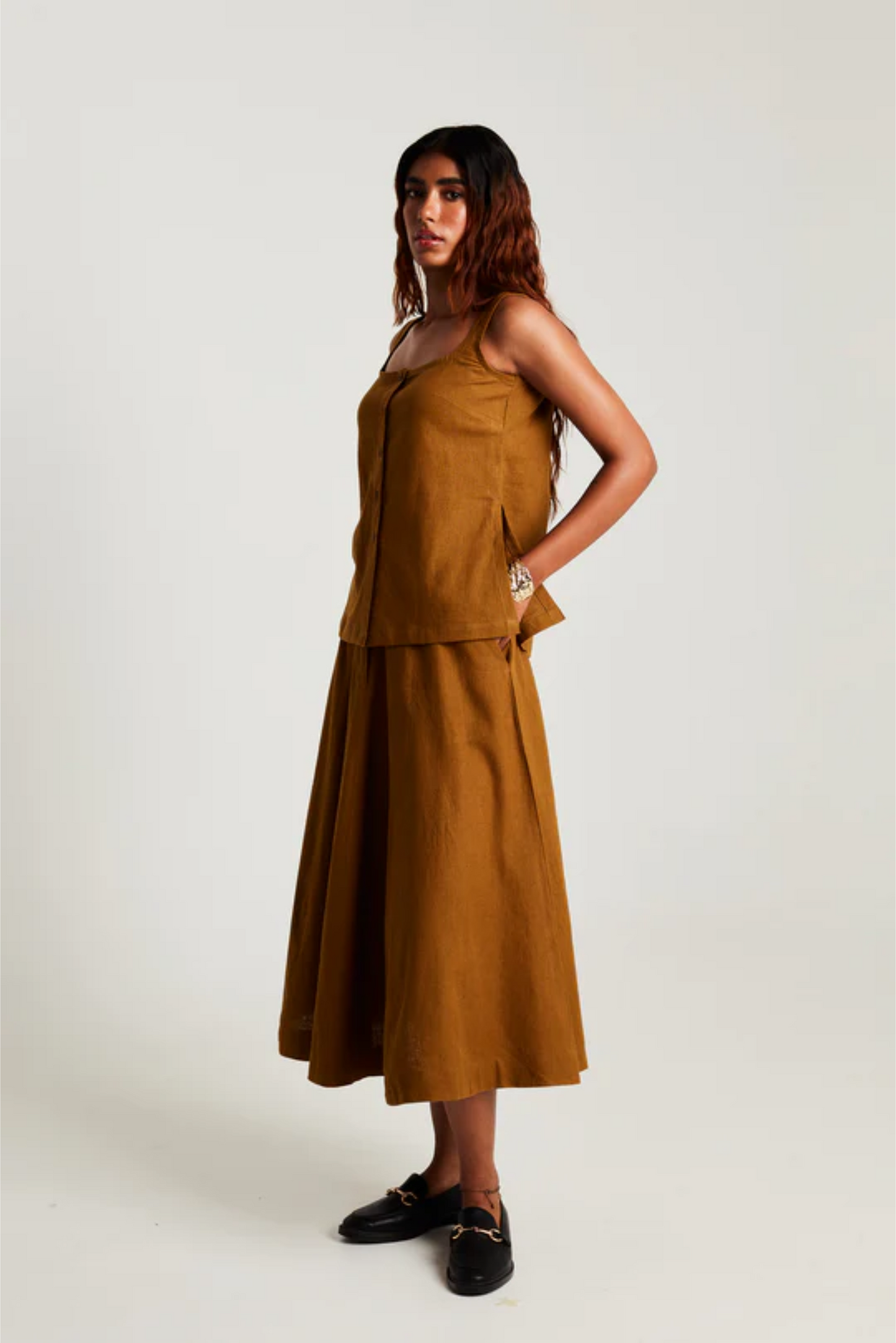 Olive Co-Linen Side Slit Top & Skirt Set