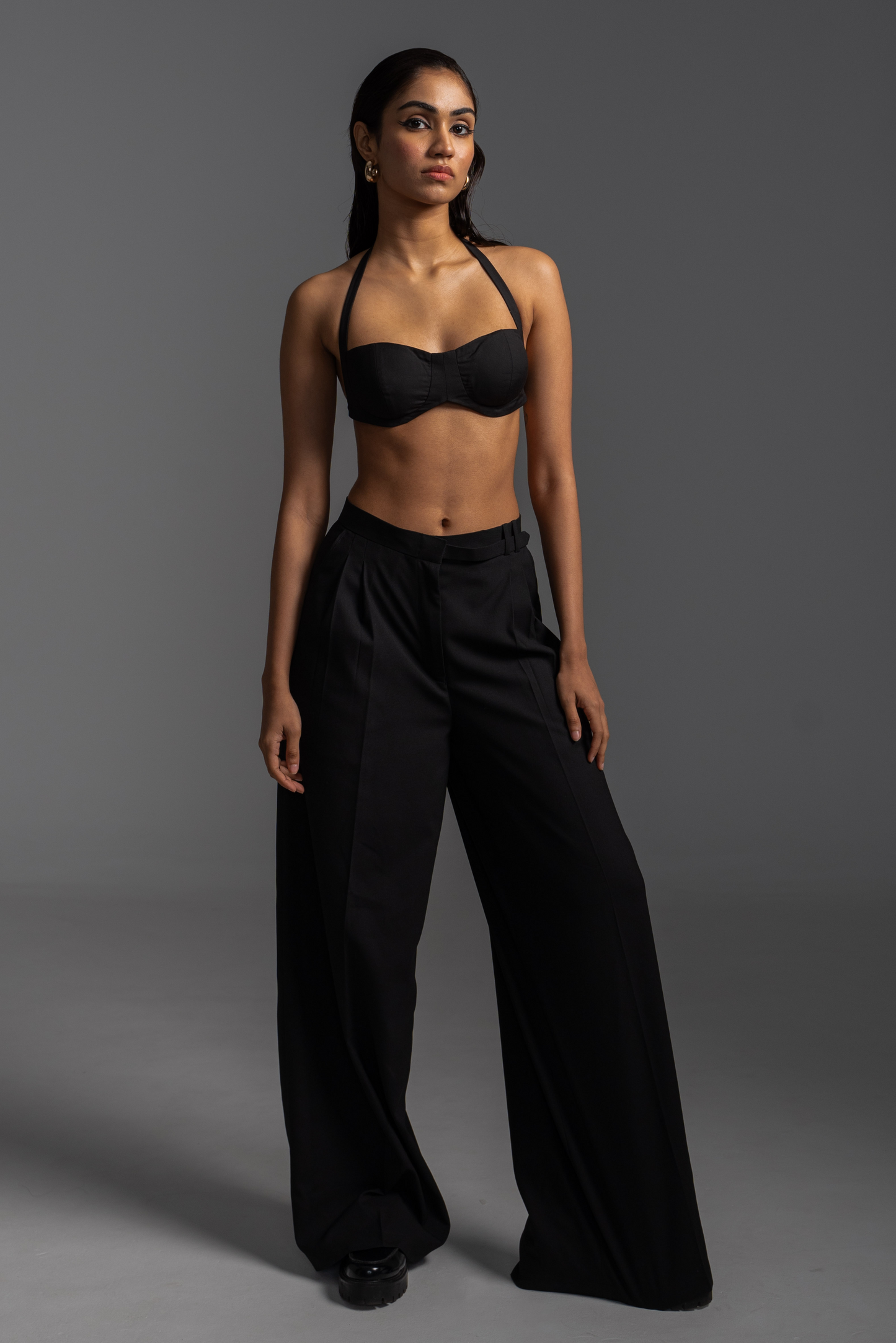 Belted Flare Trousers - Black