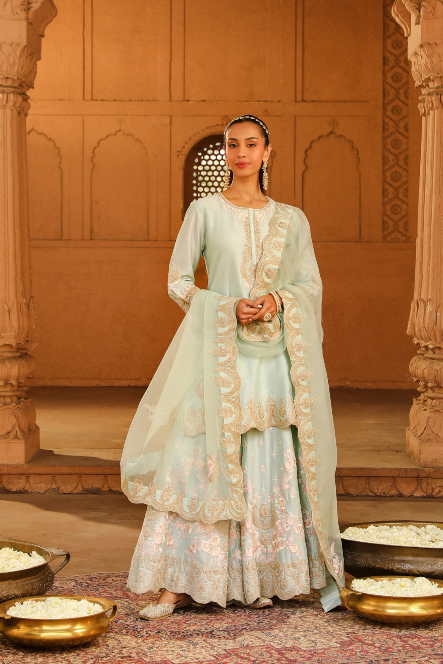 Ayda Short kurta with sharara and dupatta - Misty Green