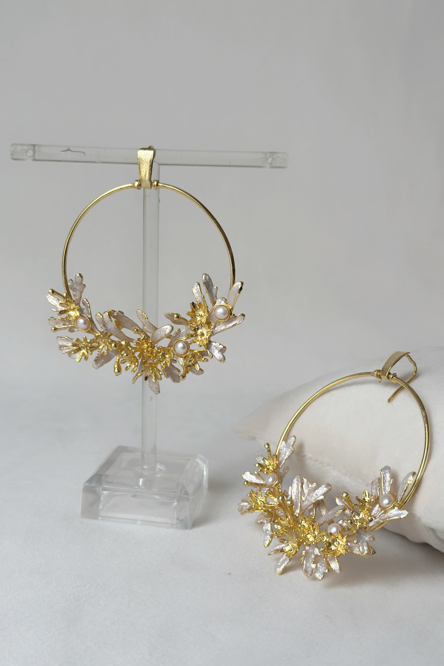 Blooming Crescent Chandbali Earrings - Snowy White