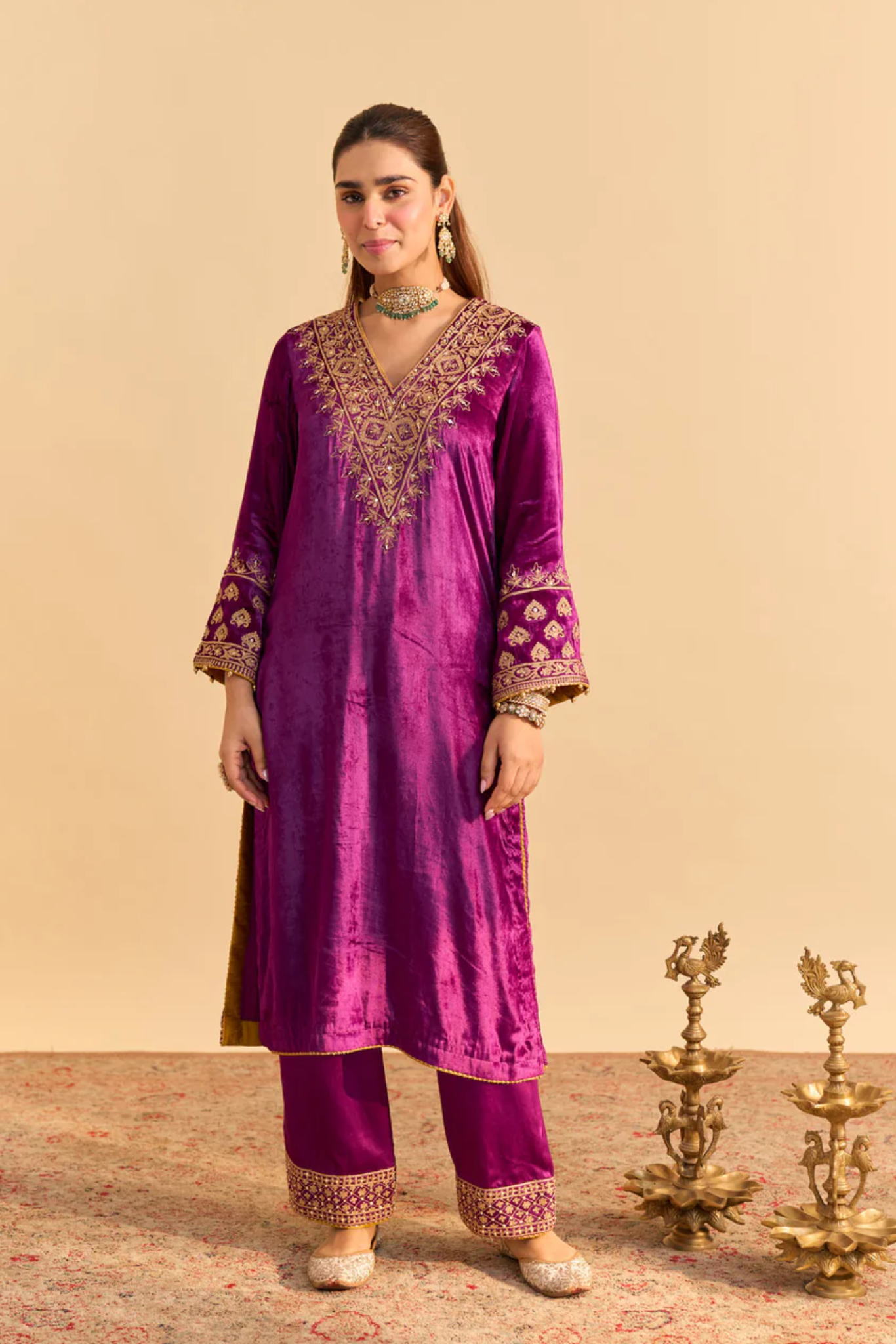 Aynaz - Silk Velvet Deep Purple Kurta With Salwar