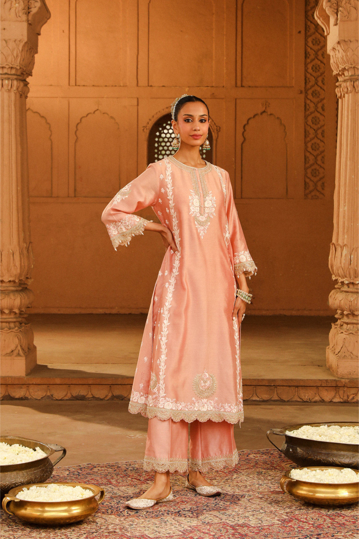 Yasna A-line palazzo suit with dupatta - Off Rose