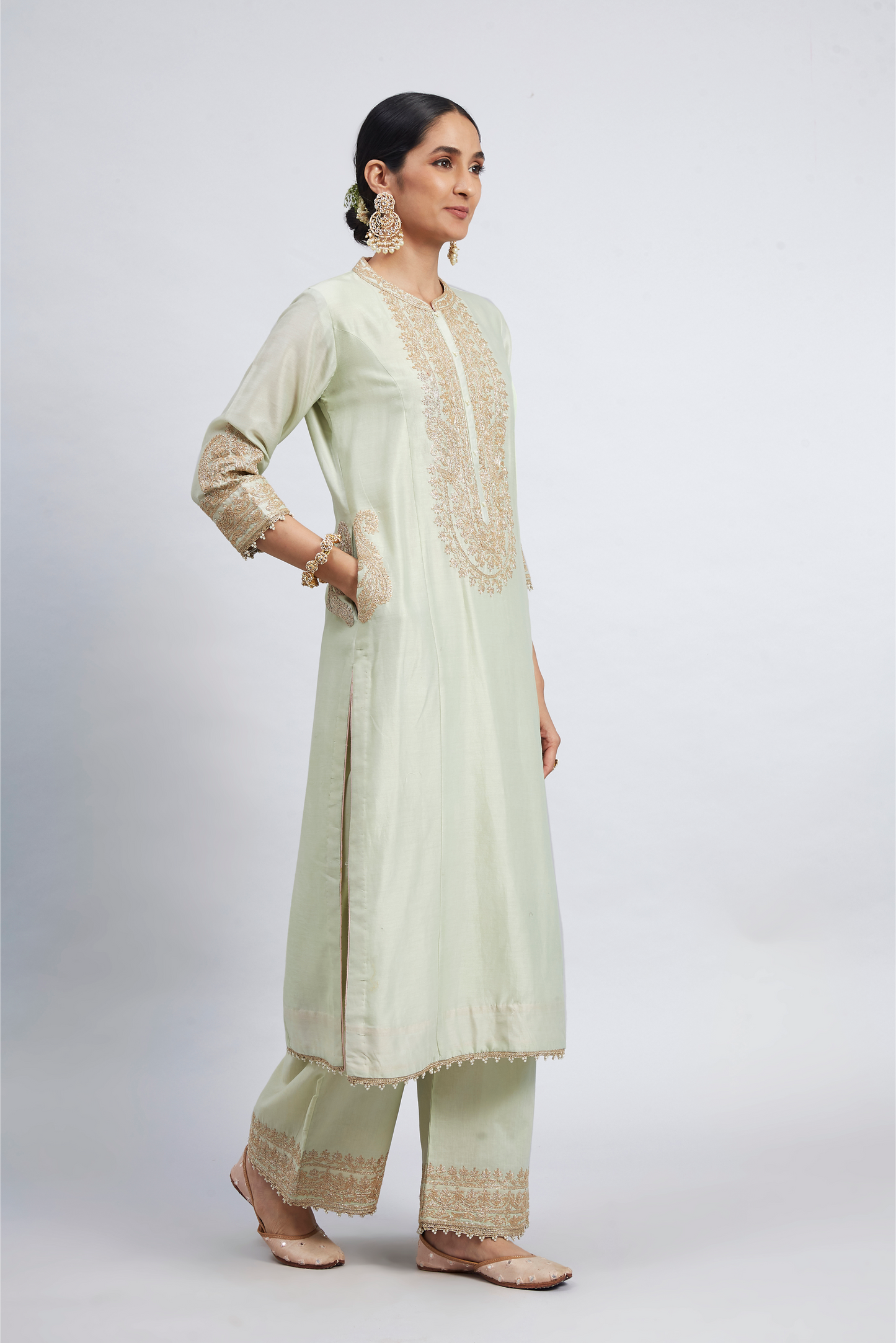 Aadirah Princess Cut Long Kurta Set - Mint Green