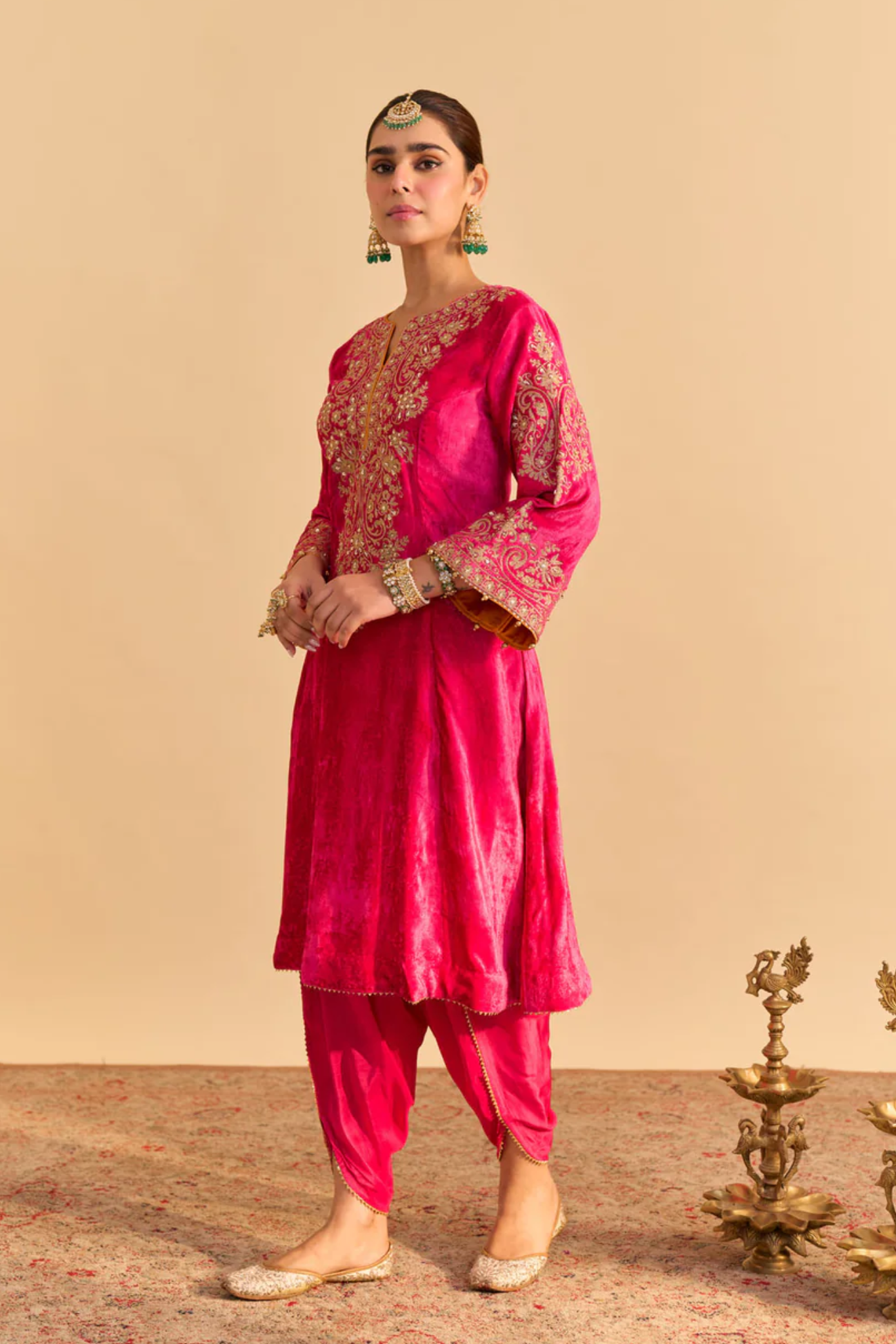 Eira - Silk Velvet Hotpink A-line Kurta With Dhoti
