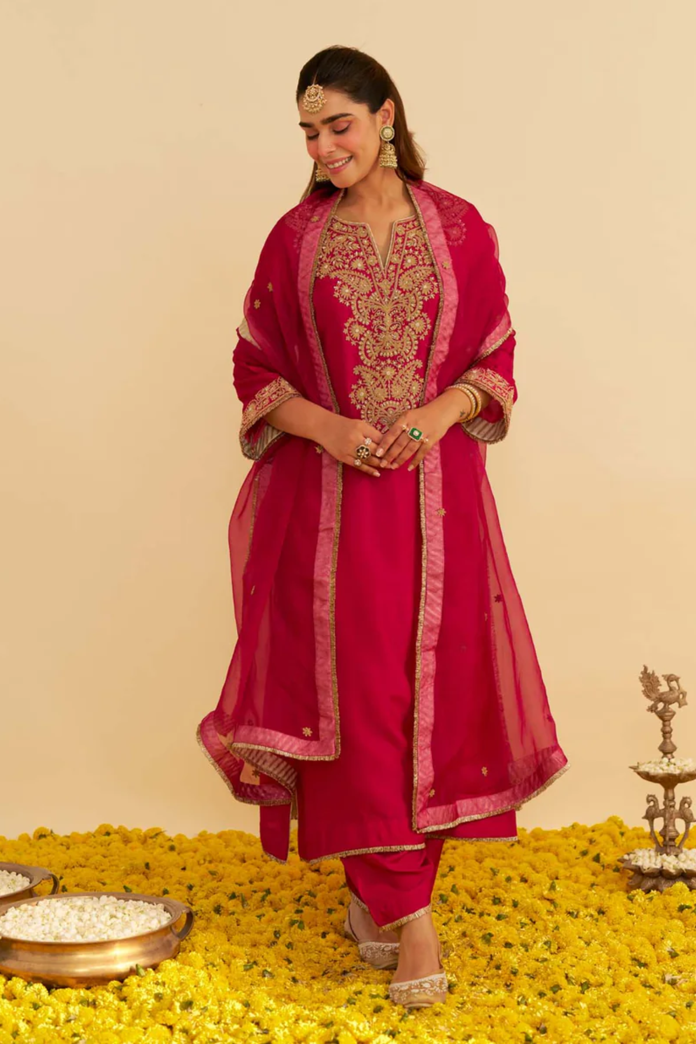 Hiba - Hotpink Long Kaftan With Salwar And Dupatta
