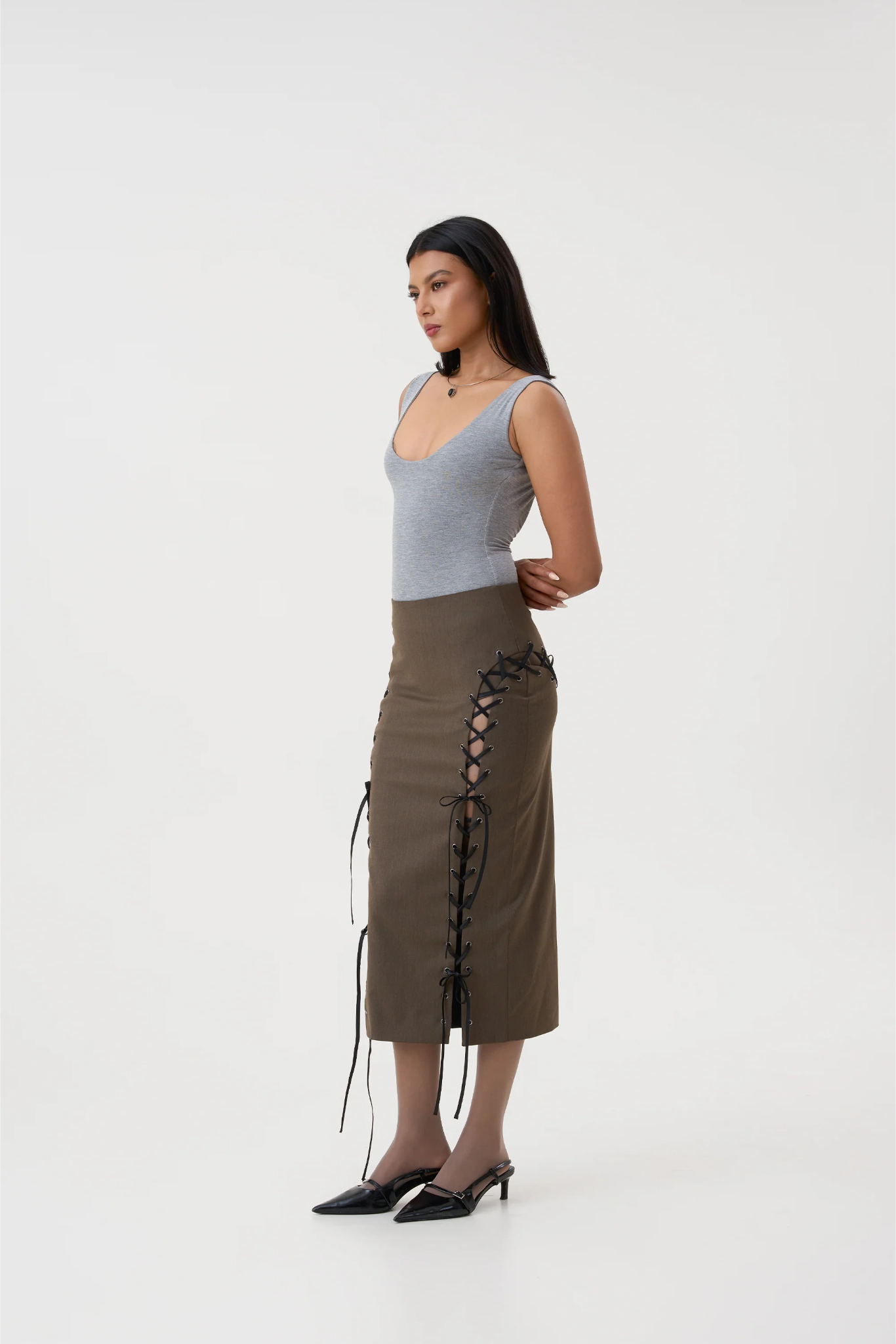 EIRENE EYELET SKIRT - KHAKI BROWN
