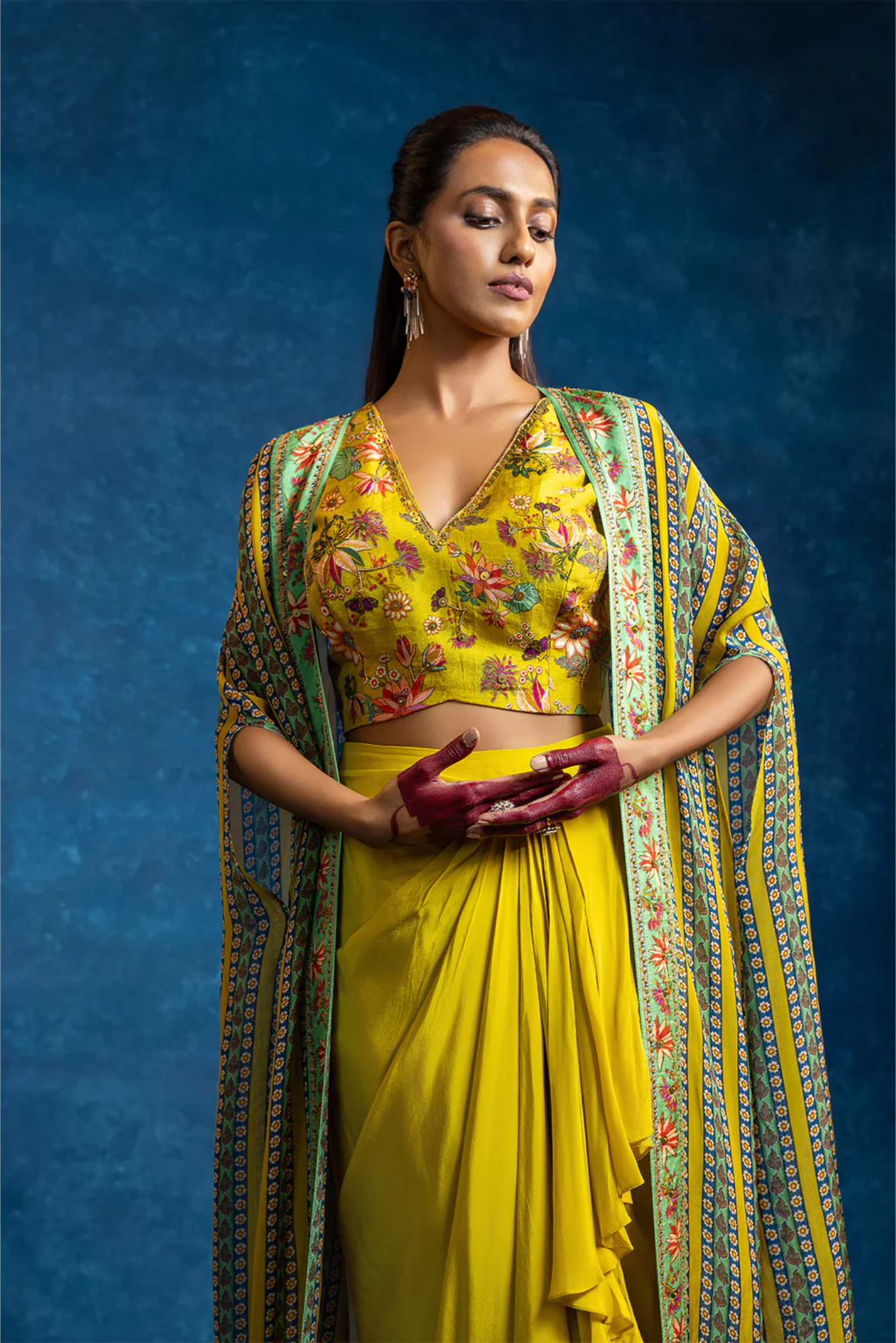 Aarani embellished drape skirt set with long cape