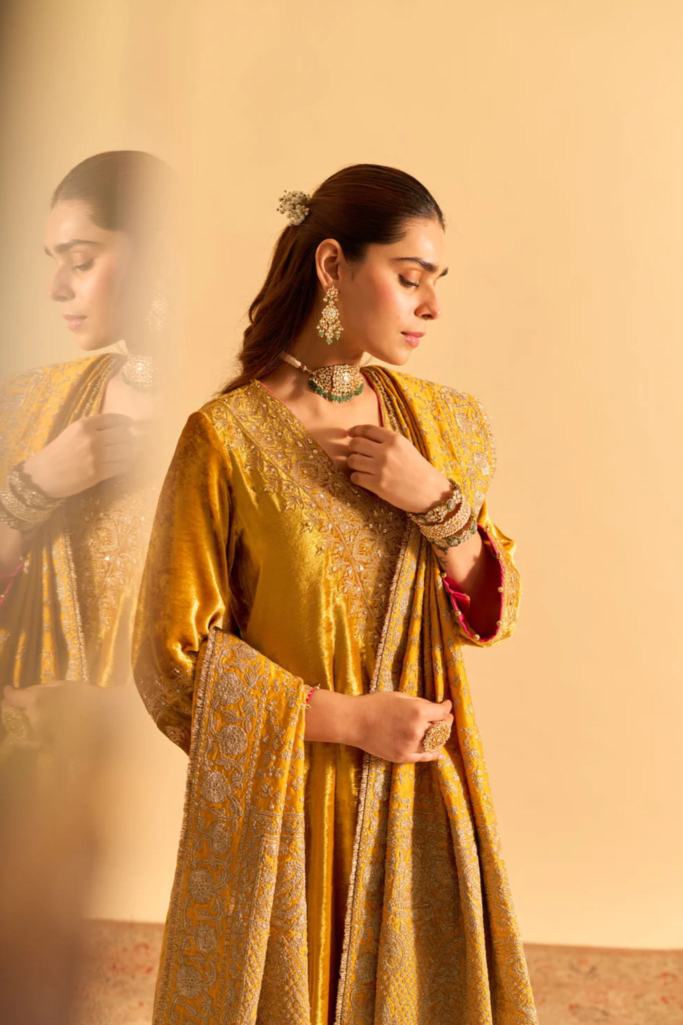 Aynaz - Silk Velvet Mustard Kurta With Salwar