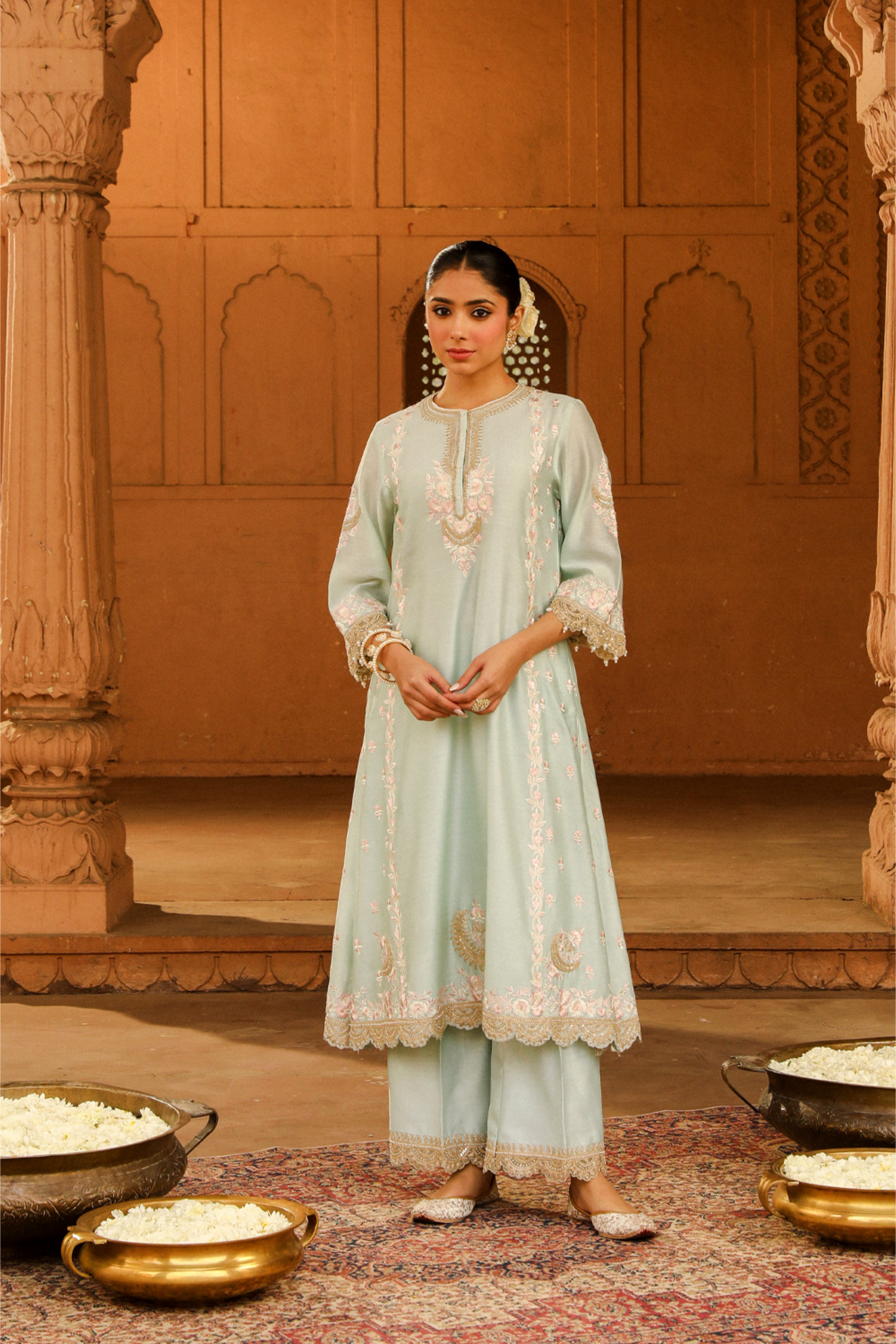 Yasna A-line palazzo suit with dupatta - Misty Green