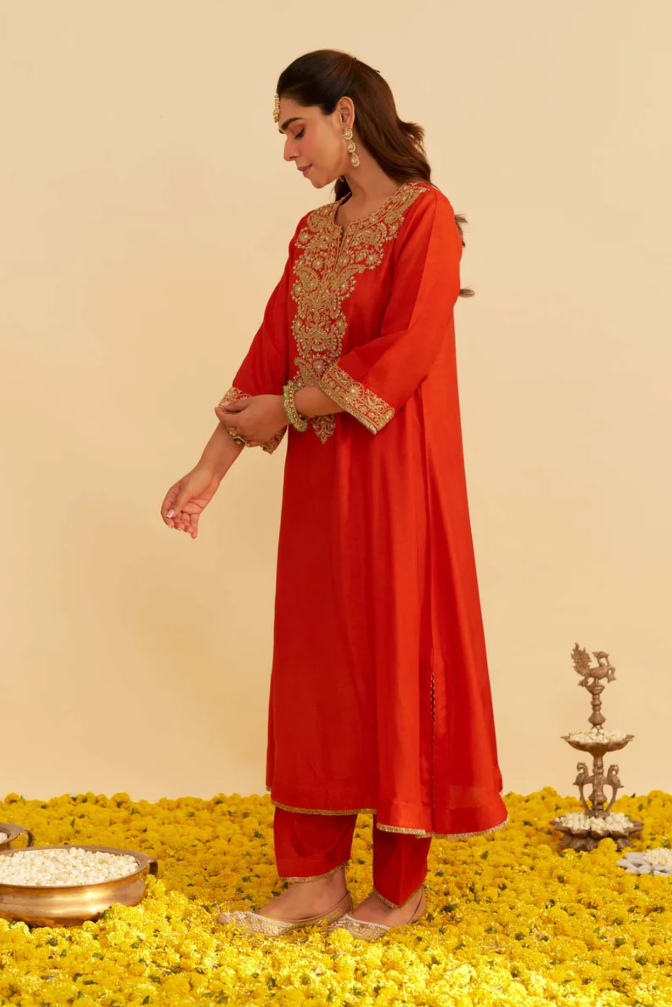 Hiba - Burnt Orange Long Kaftan With Salwar And Dupatta