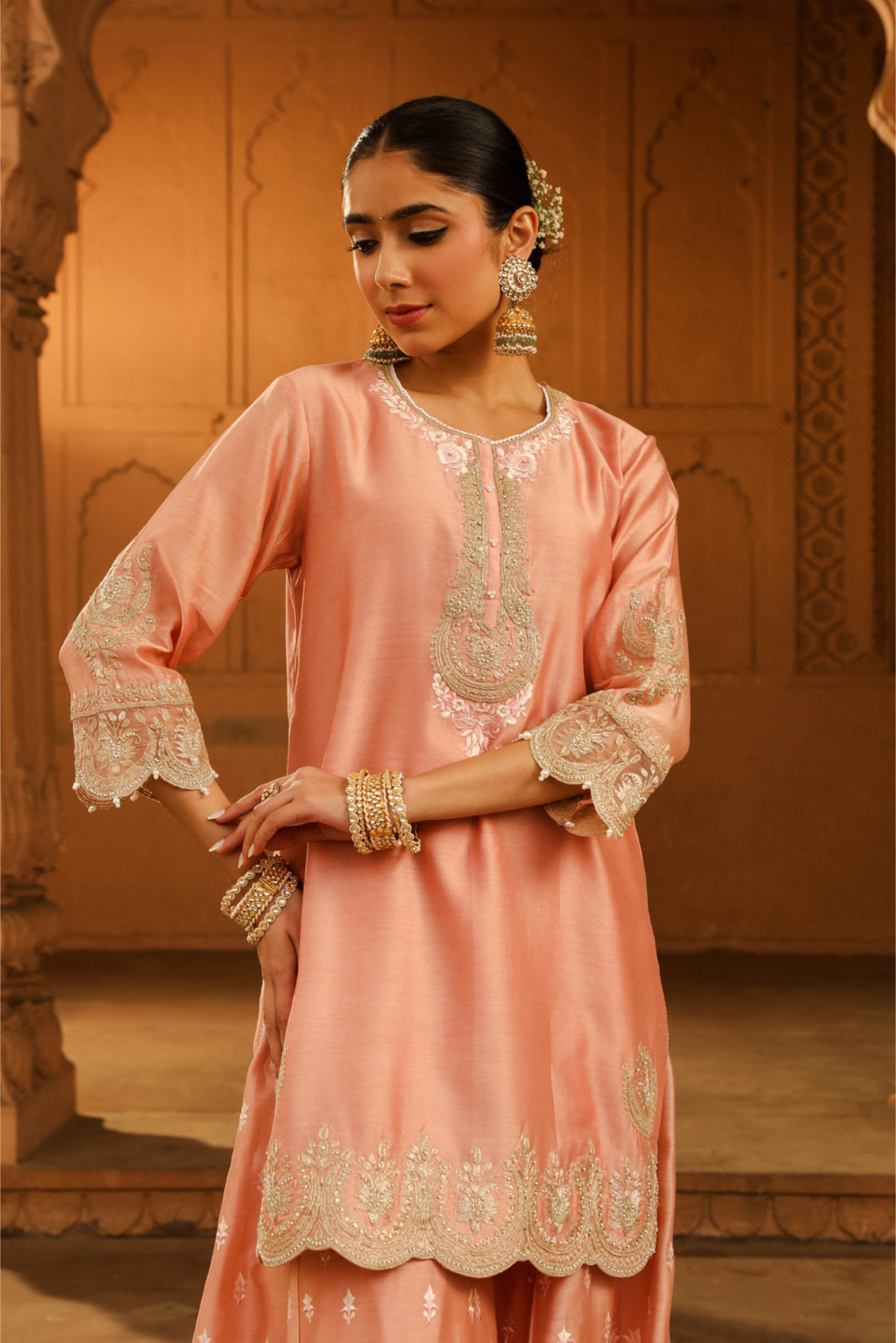 Ayda Short kurta with sharara and dupatta - Off Rose