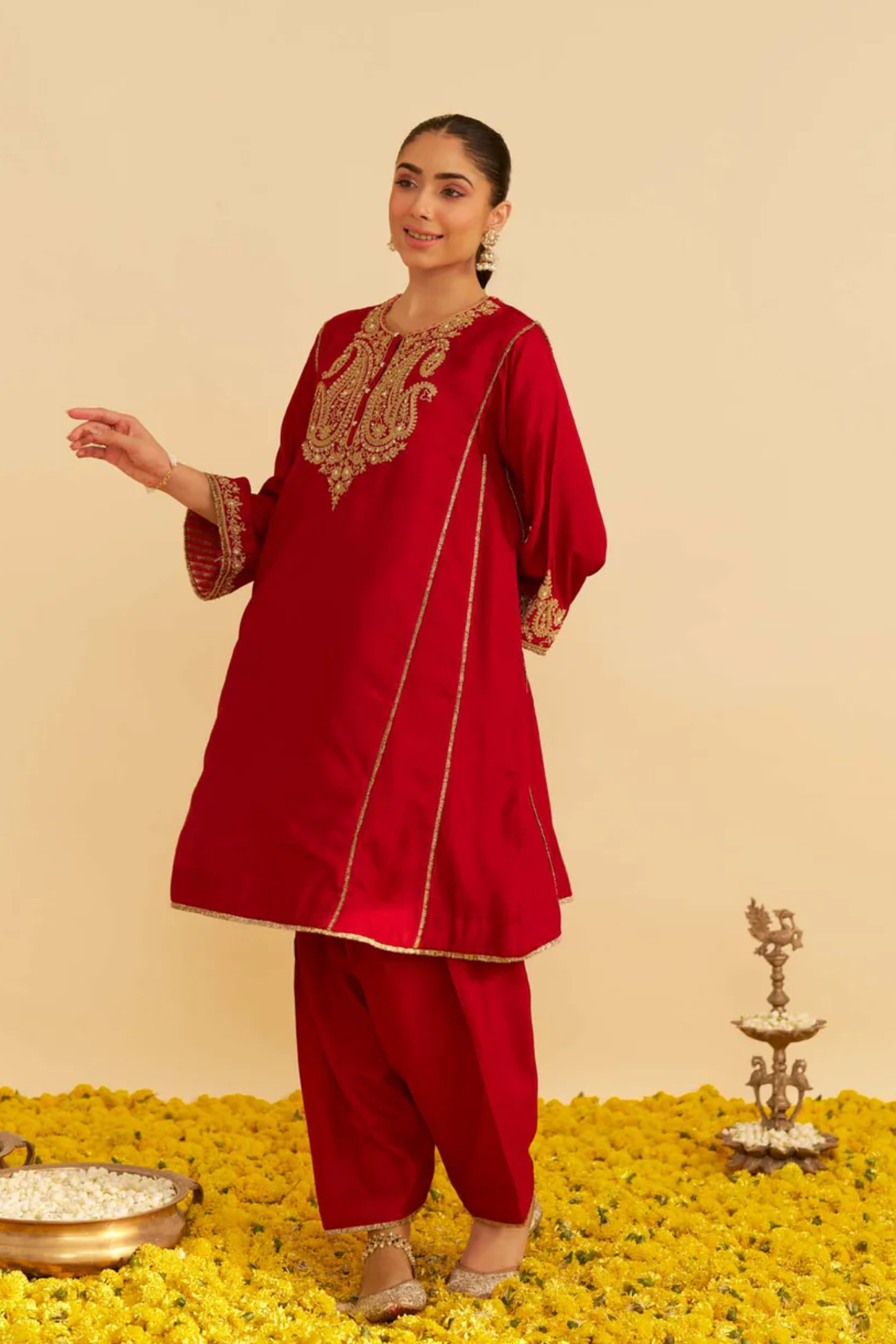 Ayra - Deep Red Short Chauga With Salwar and Dupatta