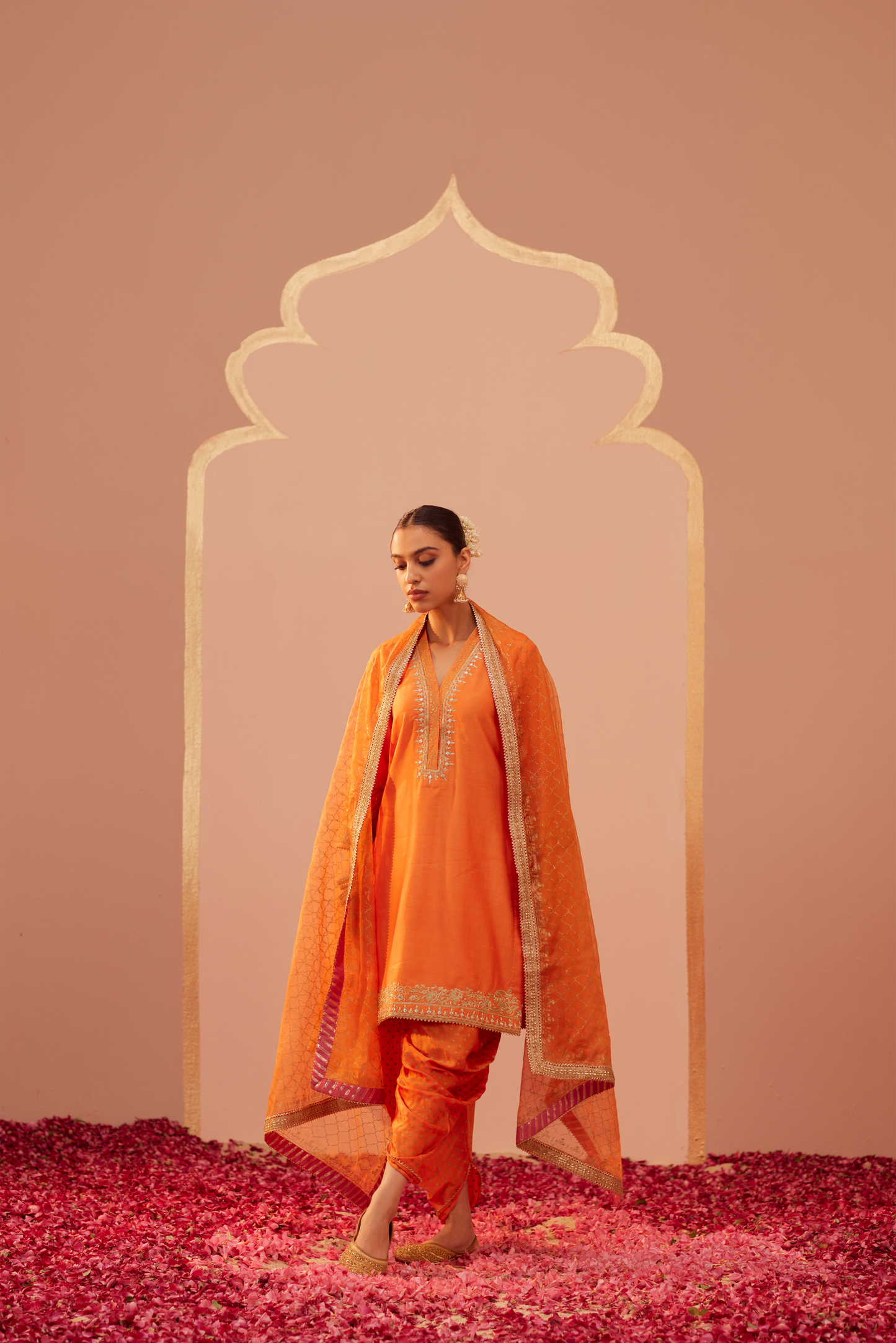 Faheeda Short Kurta with Dhoti Set - Tangerine Orange