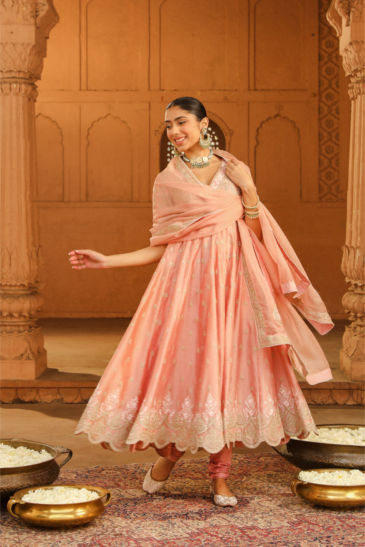 Wasifa Long Anarkali with chooridaar and dupatta - Off Rose