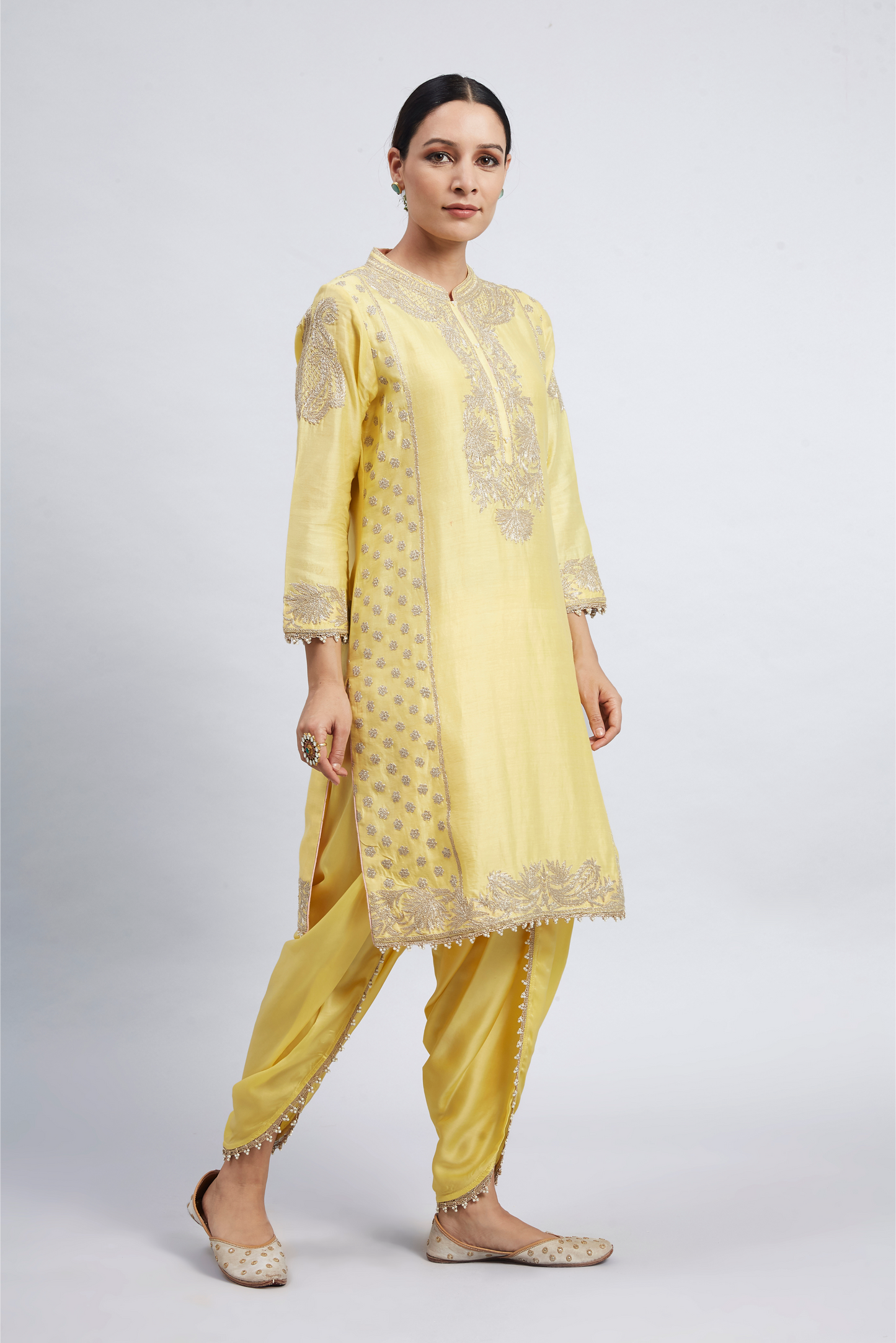 Aabish Pearl Embroidered Kurta Set - Daffodil Yellow