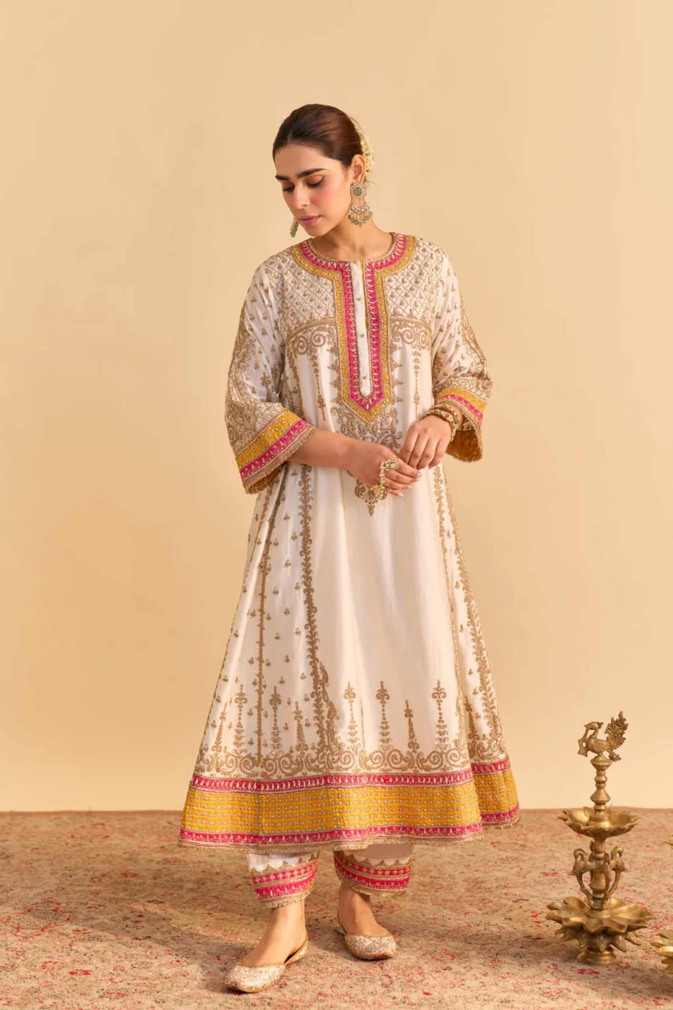 Zoya - Dabka Zardozi Embroidered Rich Banarasi Kalidaar Daisy Ivory Long Chauga Set