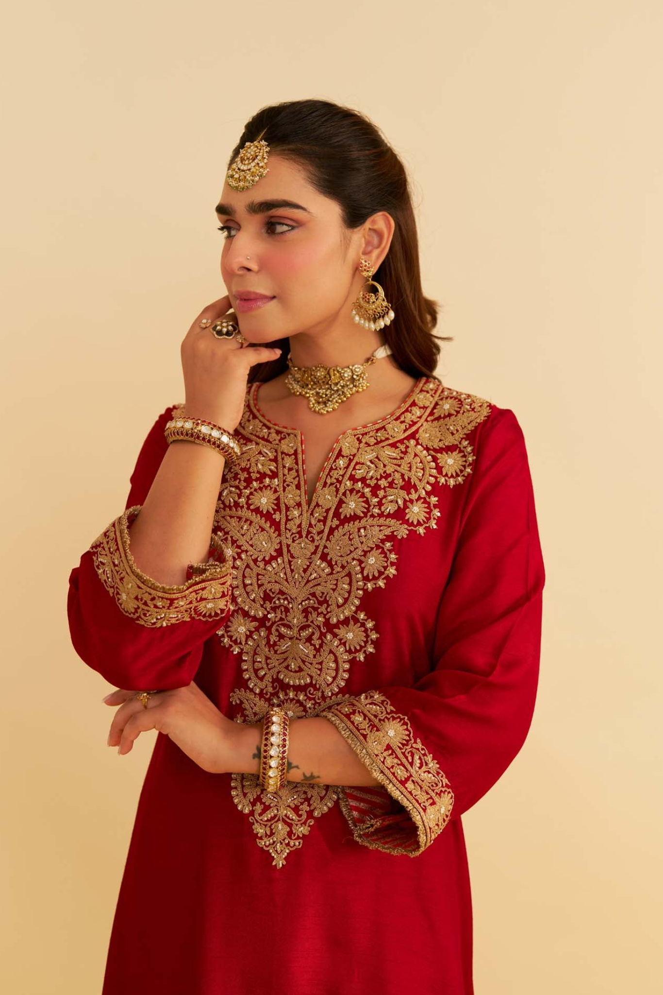 Hiba - Deep Red Long Kaftan With Salwar