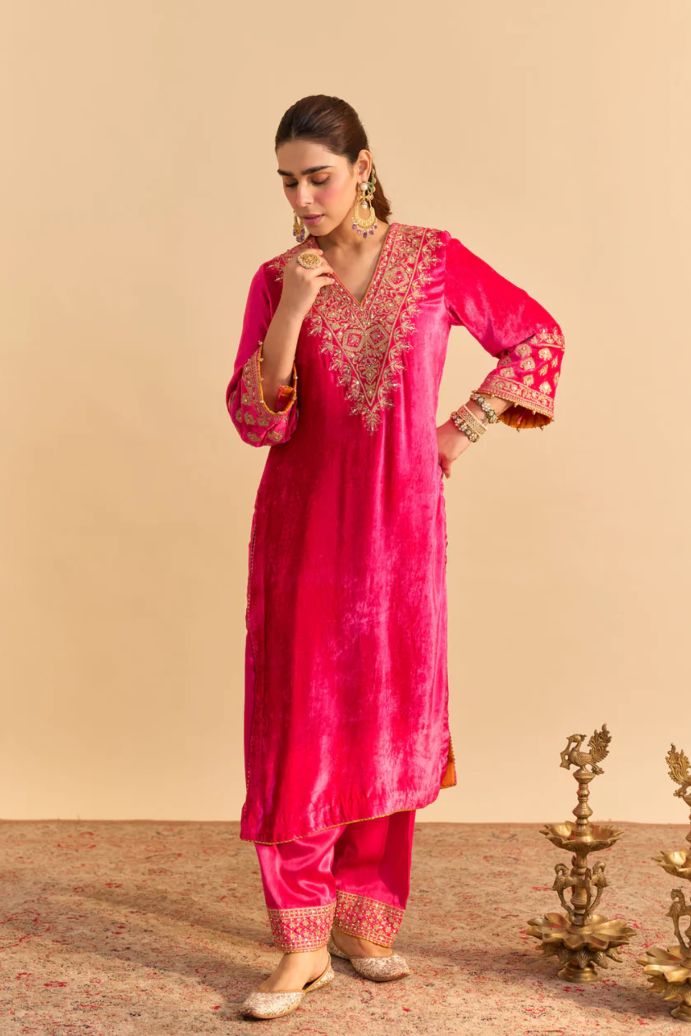 Aynaz - Silk Velvet Hotpink Kurta With Salwar