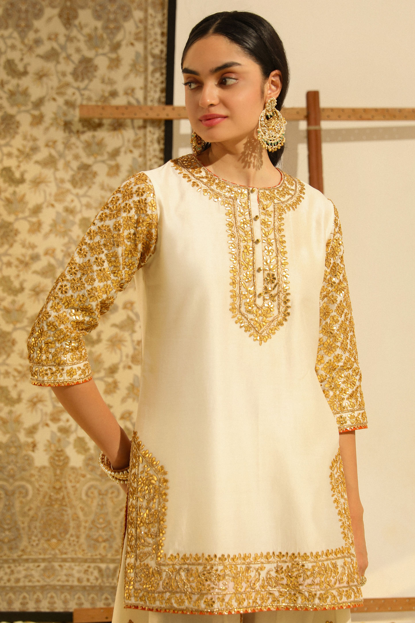 Shadaab Hand Embroidered Kurta Sharara Set - Daisy Ivory