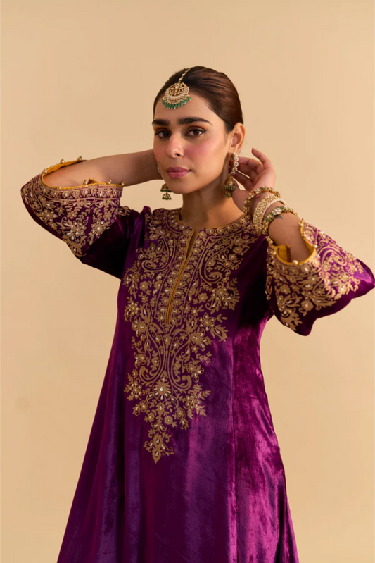 Eira - Silk Velvet Deep Purple A-line Kurta With Dhoti
