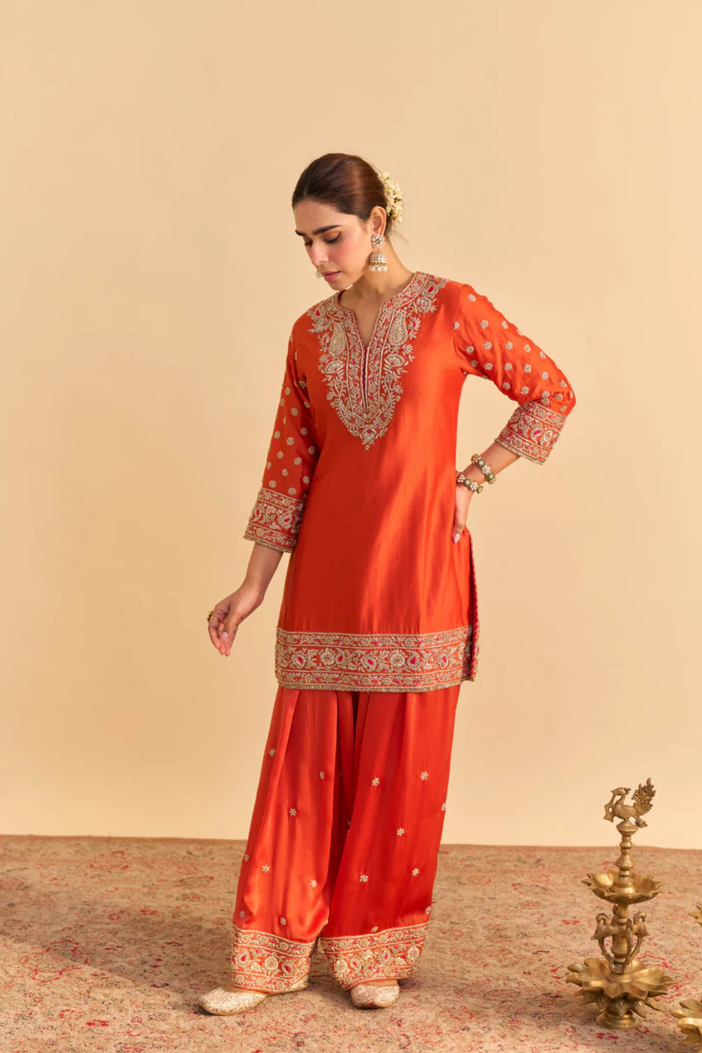 Naseha Burnt orange Dabka Zardozi Embroidered Short kurta Set