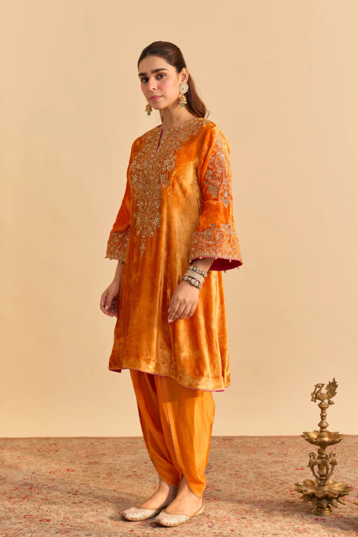 Eira - Silk Velvet Orange A-line Kurta With Dhoti