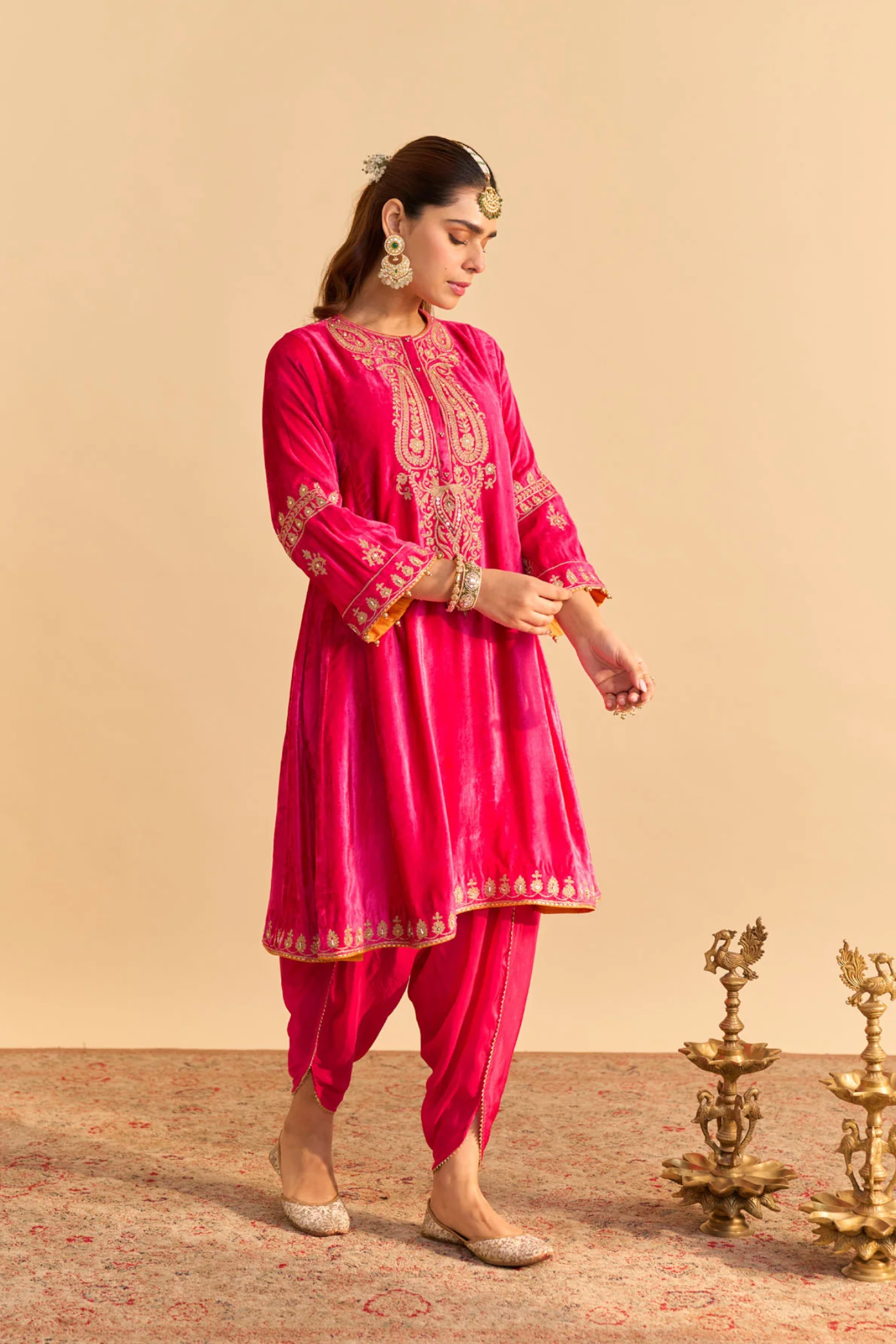 Amal - Silk Velvet Hotpink A-line Kurta with Dhoti
